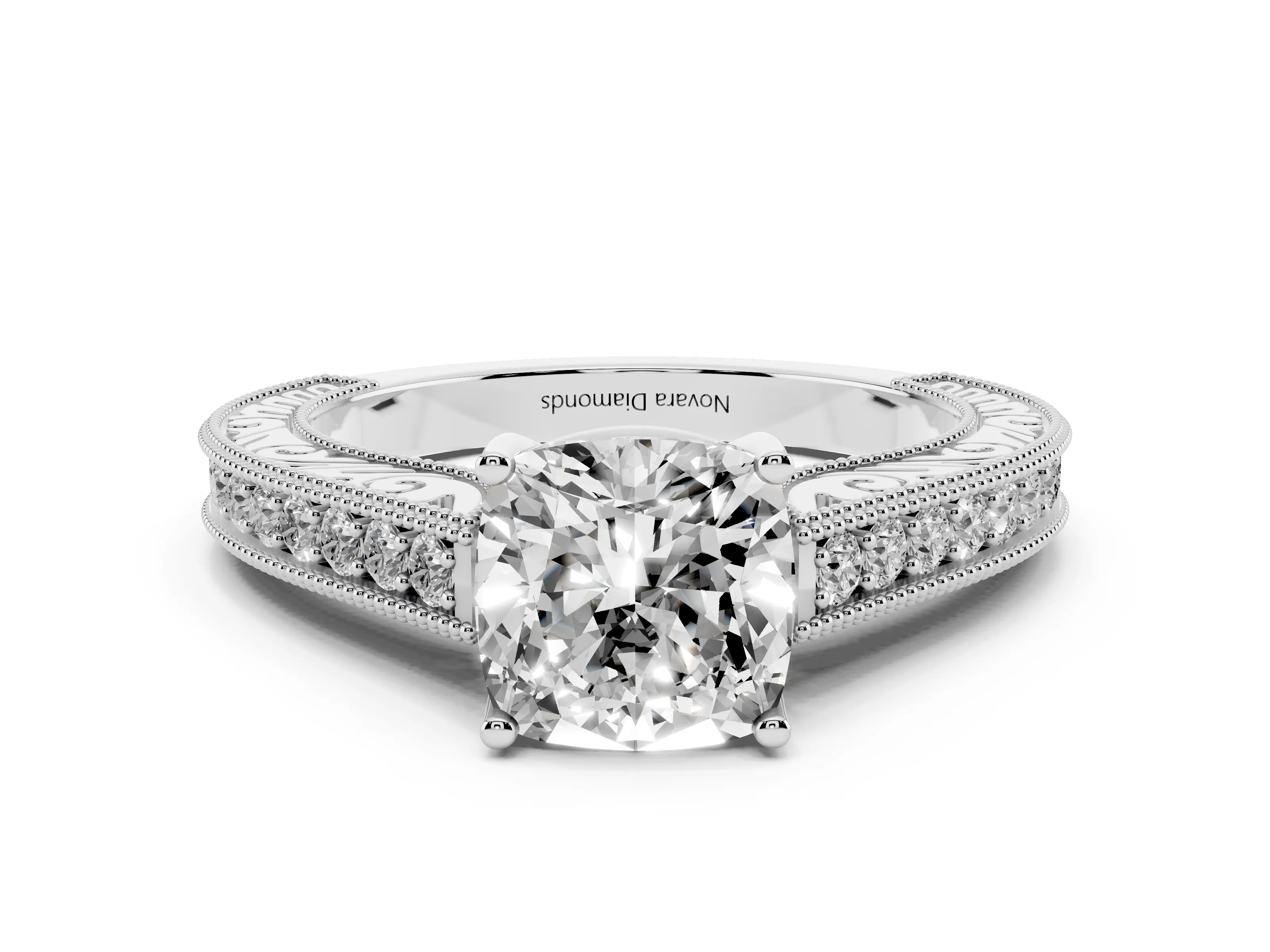 Cushion Cut Diamond Milgrain Pavé Band Solitaire Ring Set in White gold with Prong Setting