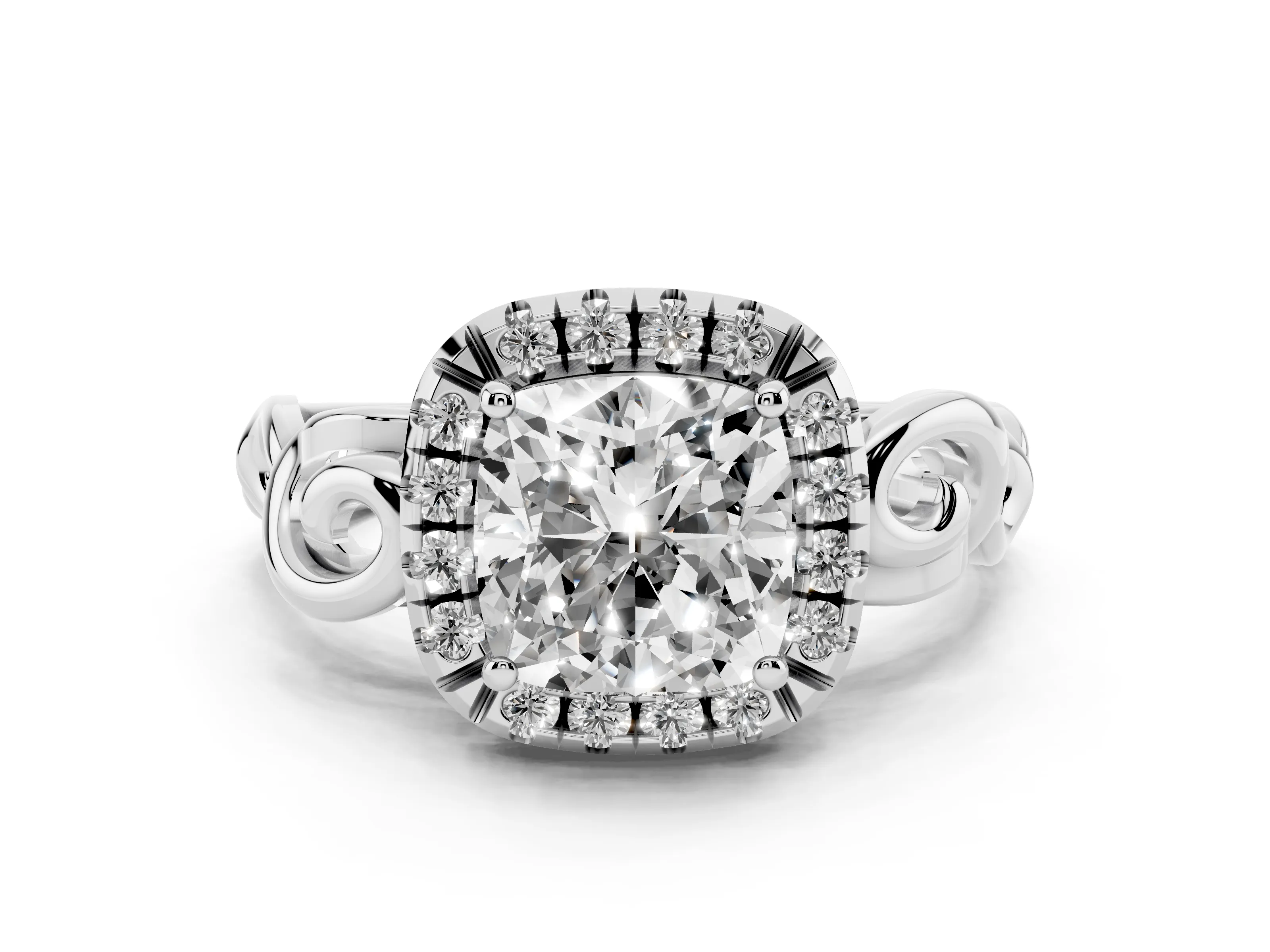 Cushion Cut Diamond Halo Ring Set in Platinum with Scrollwork Band and Prong Setting