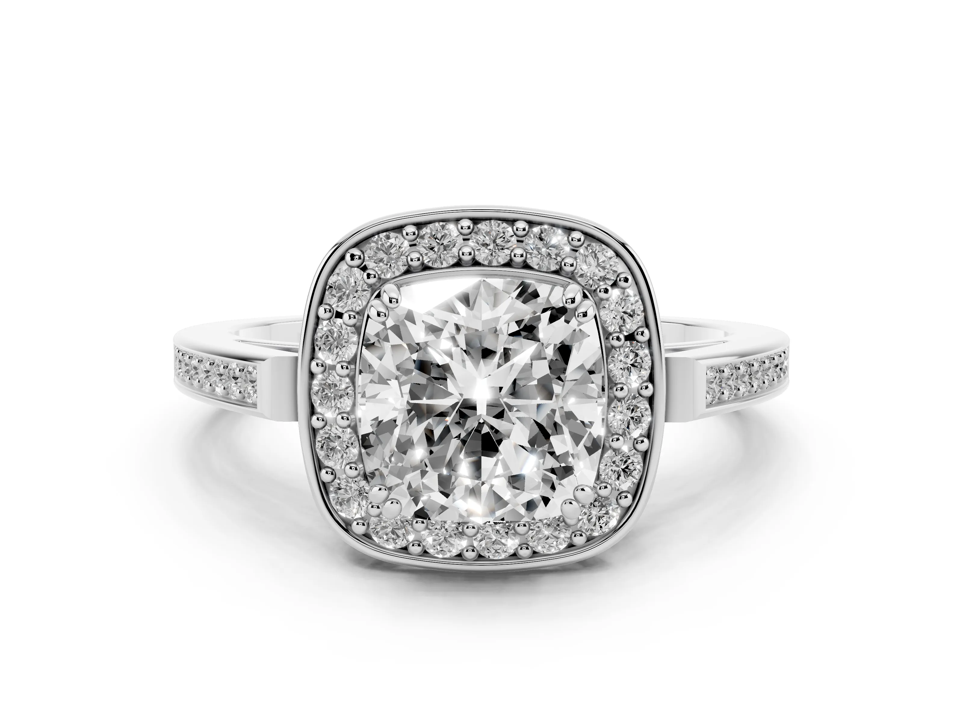 Cushion Cut Diamond Halo Ring Set in White gold with Accent-Lined Split Shank and Prong Setting