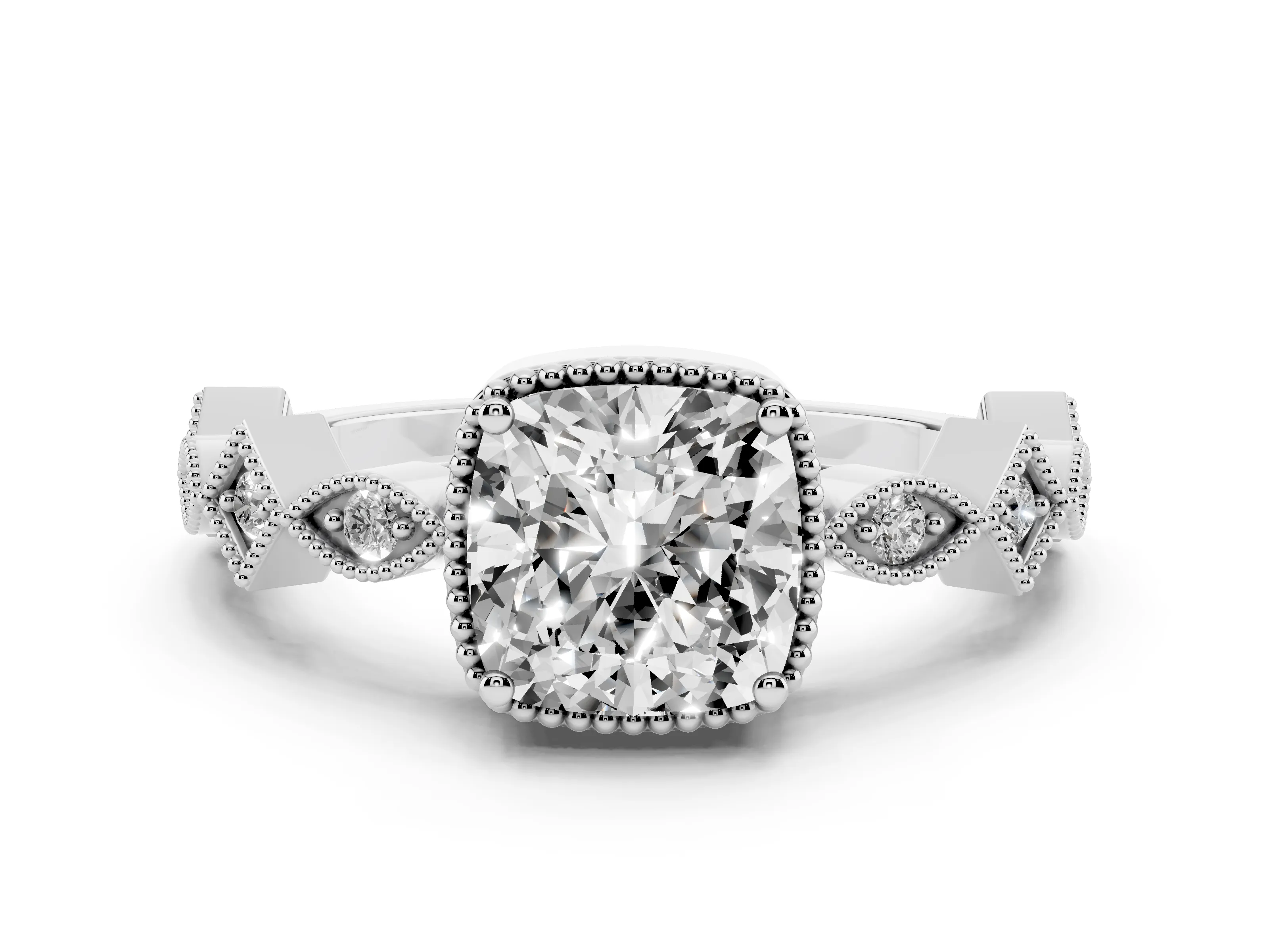 Cushion Cut Diamond Milgrain Marquise Twist Band Ring Set in White gold with Prong Setting