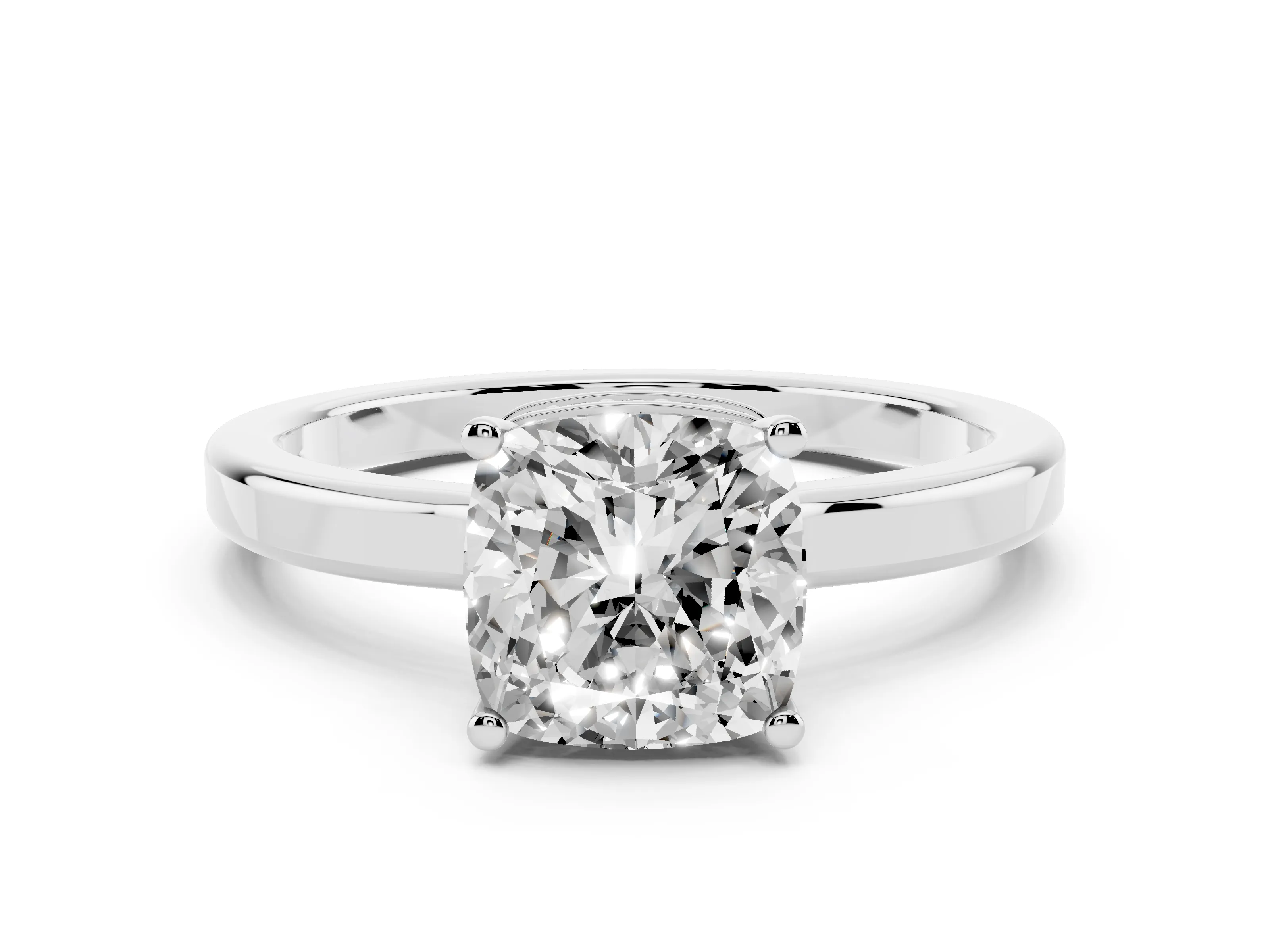 Cushion Cut Diamond Solitaire Engagement Ring Set in Platinum with Prong Setting on a Plain Band