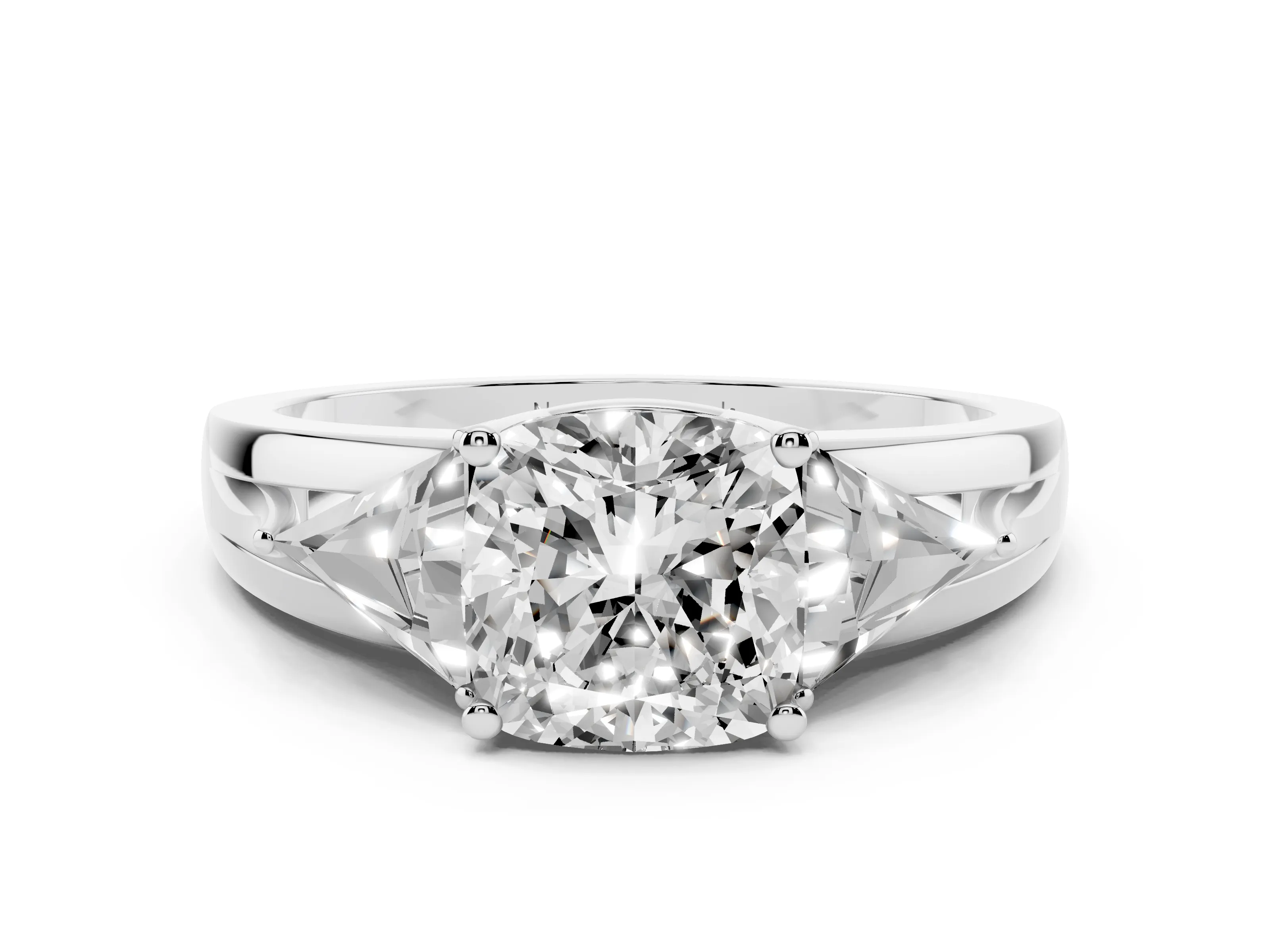 Cushion Cut Diamond Three-Stone Ring Set in Platinum with Trillion Side Stones and Split Shank