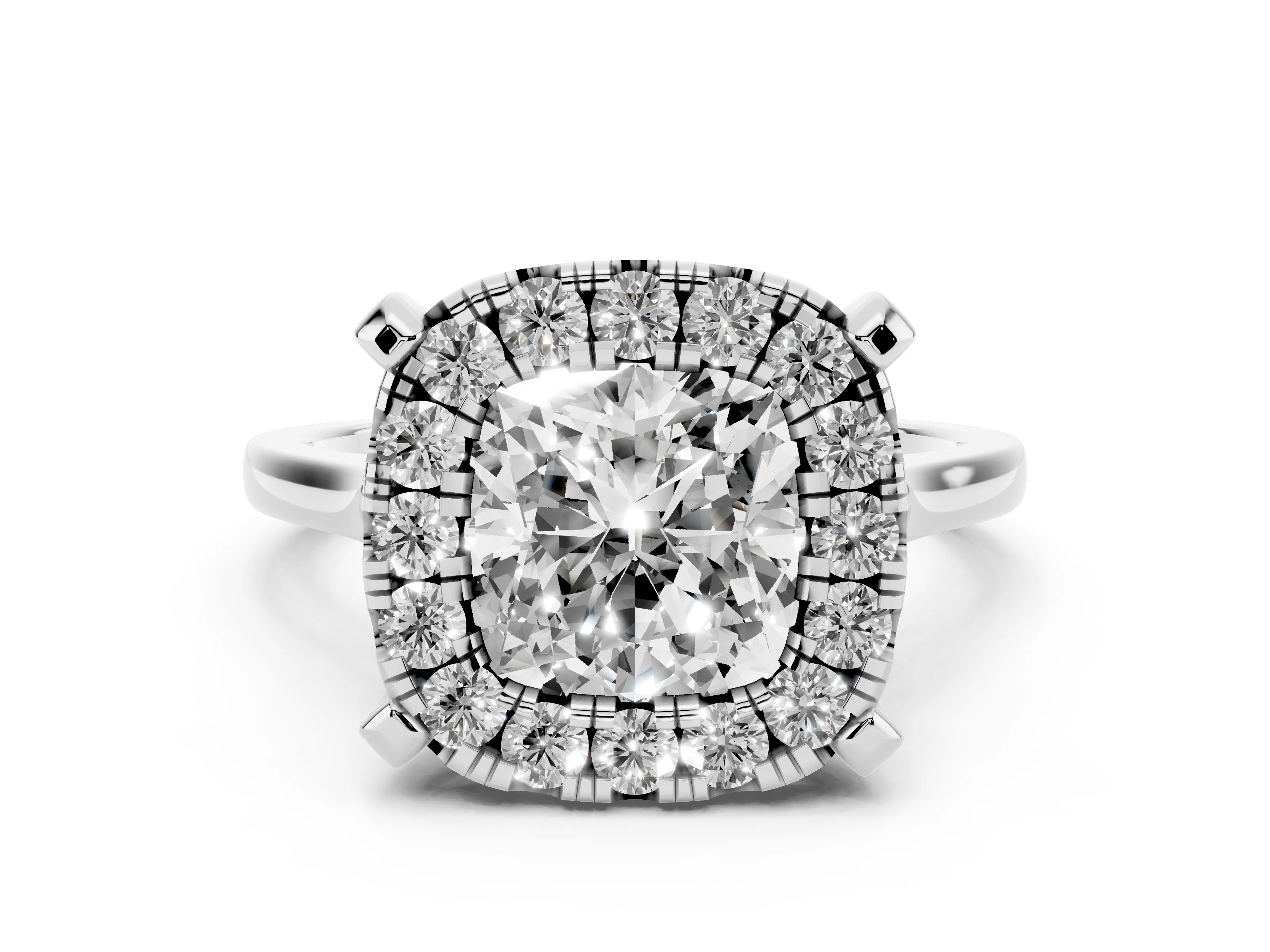 Cushion Cut Diamond Cluster Halo Solitaire Ring Set in Silver with Prong Setting