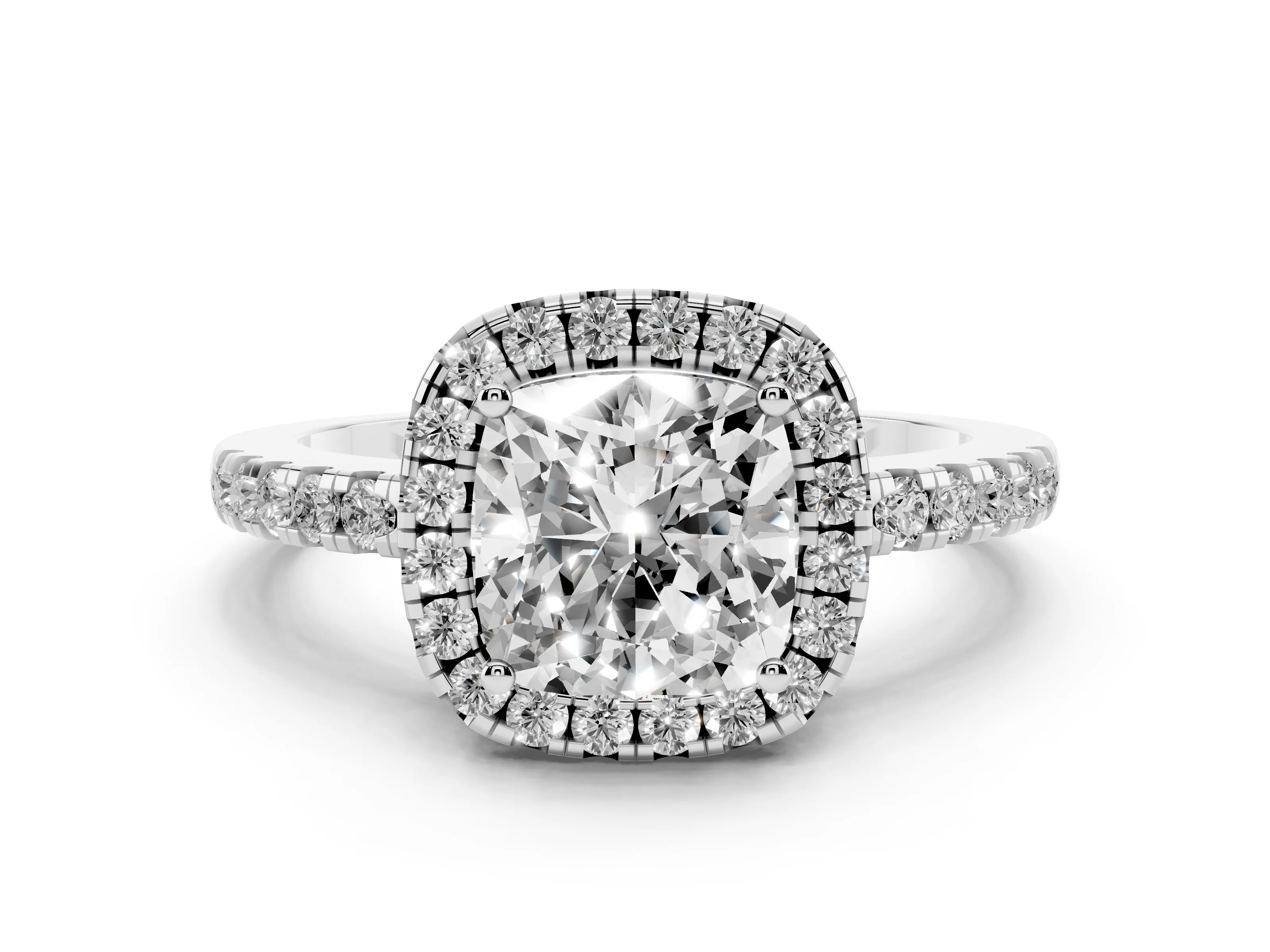 Cushion Cut Diamond Pavé Band Halo Engagement Ring Set in Platinum with Prong Setting