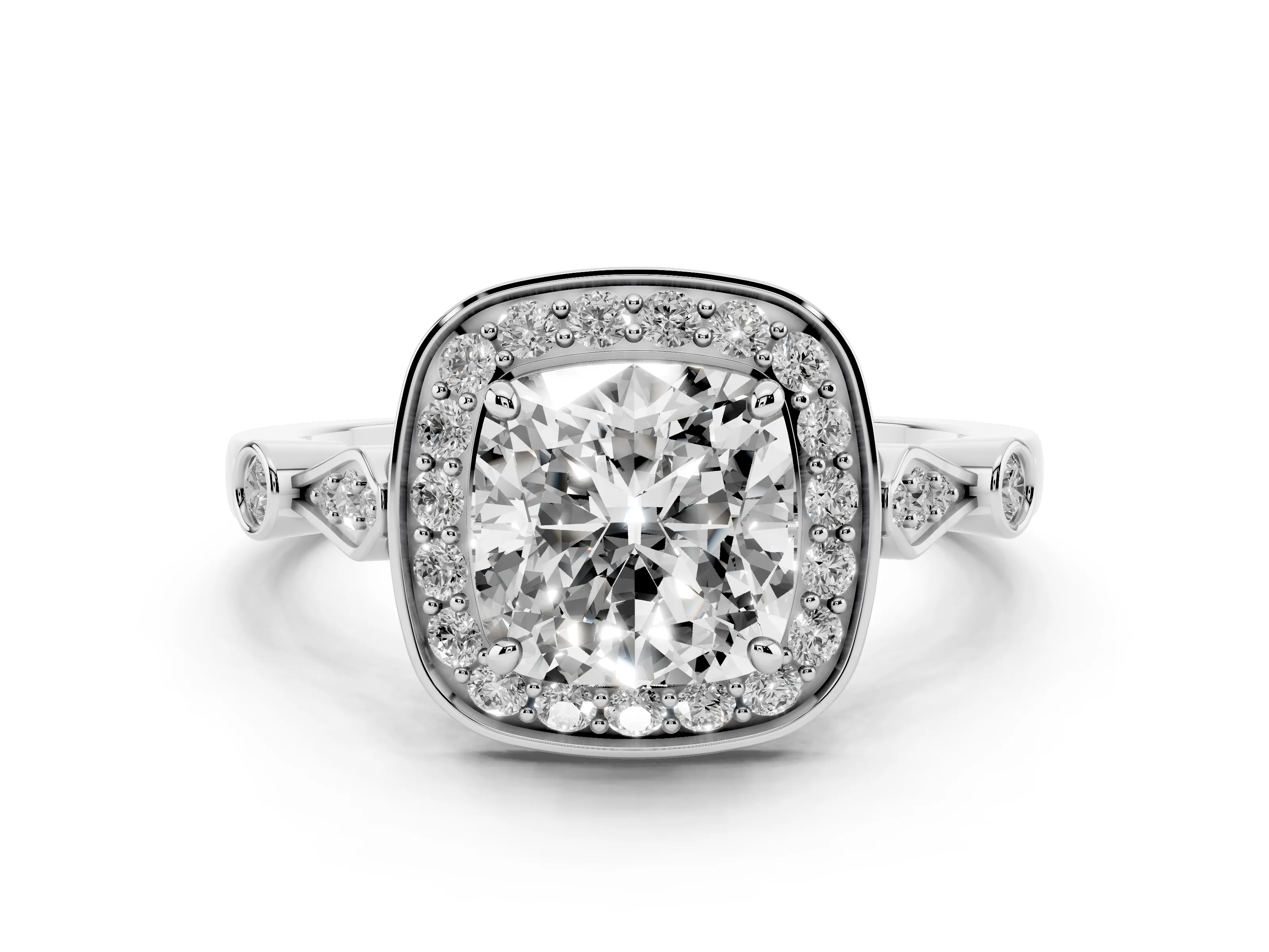 Cushion Cut Diamond Halo Engagement Ring Set in Platinum with Twisted Band and Prong Setting