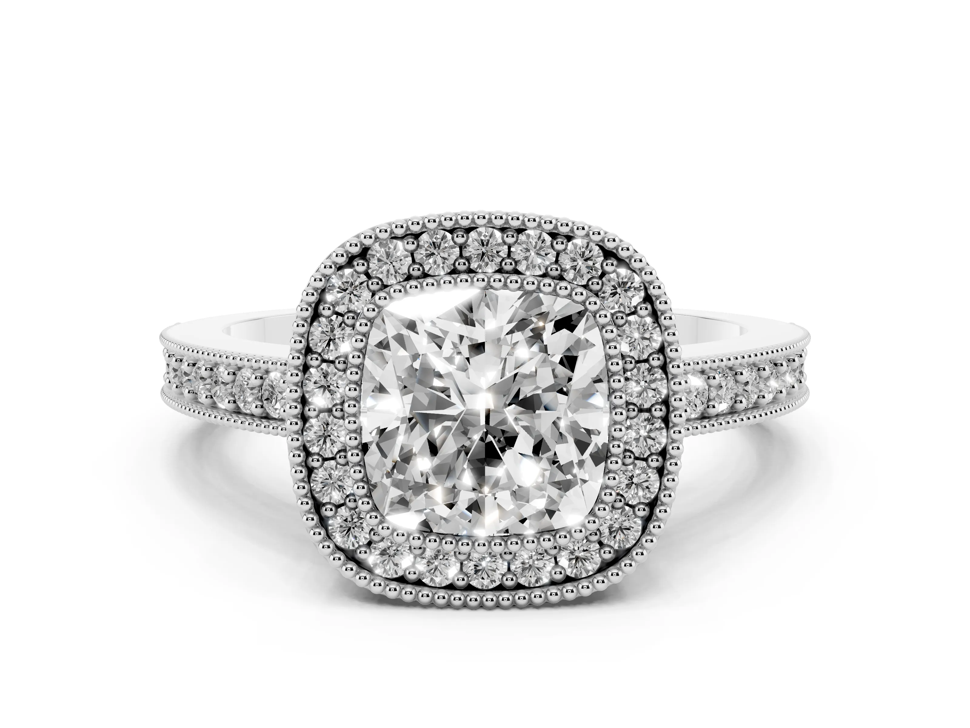 Cushion Cut Diamond Halo Engagement Ring Set in Platinum with Pavé Band and Round Halo Stones