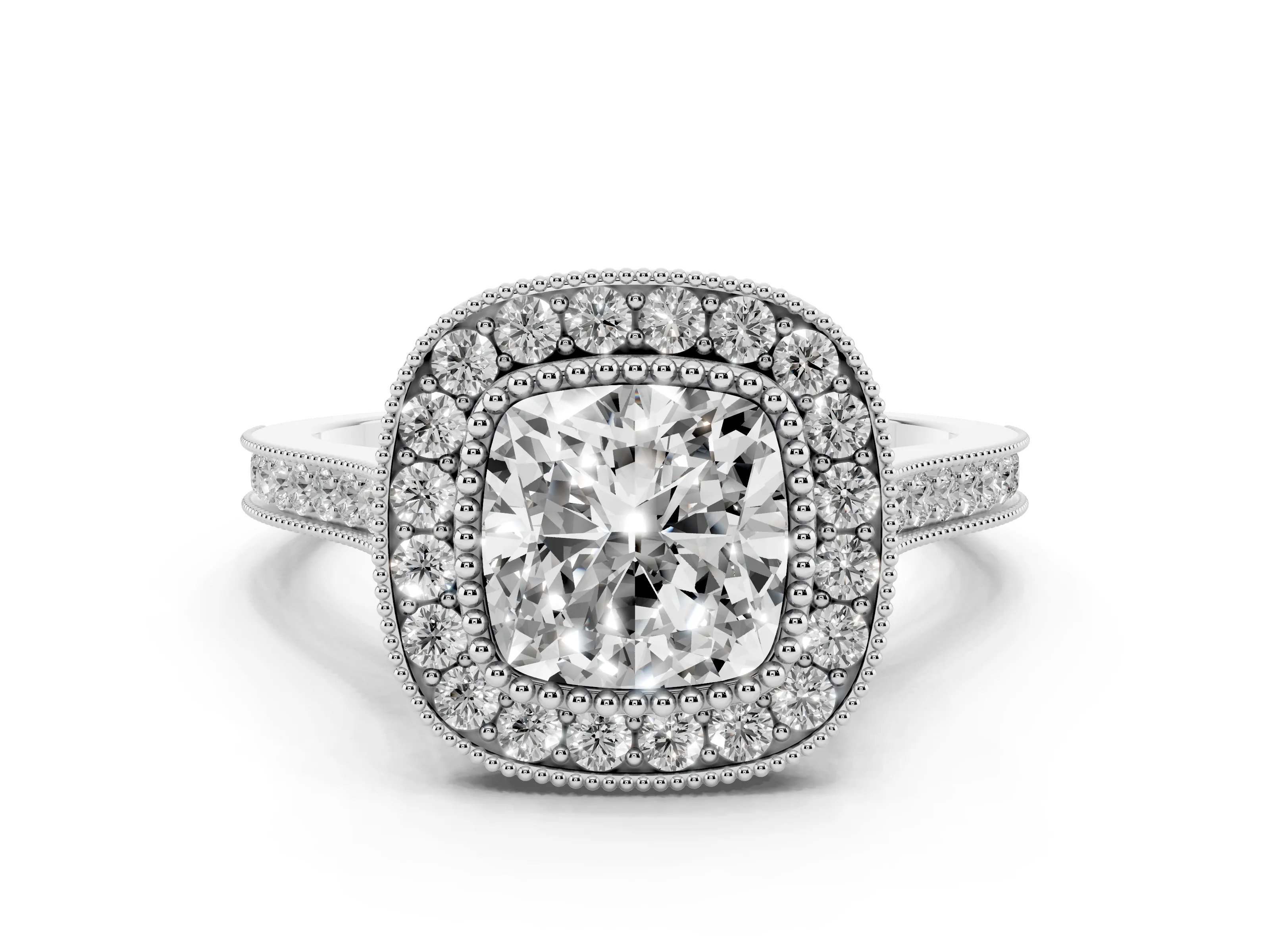 Cushion Cut Diamond Halo Ring Set in White gold with Milgrain Frame and Pavé Band