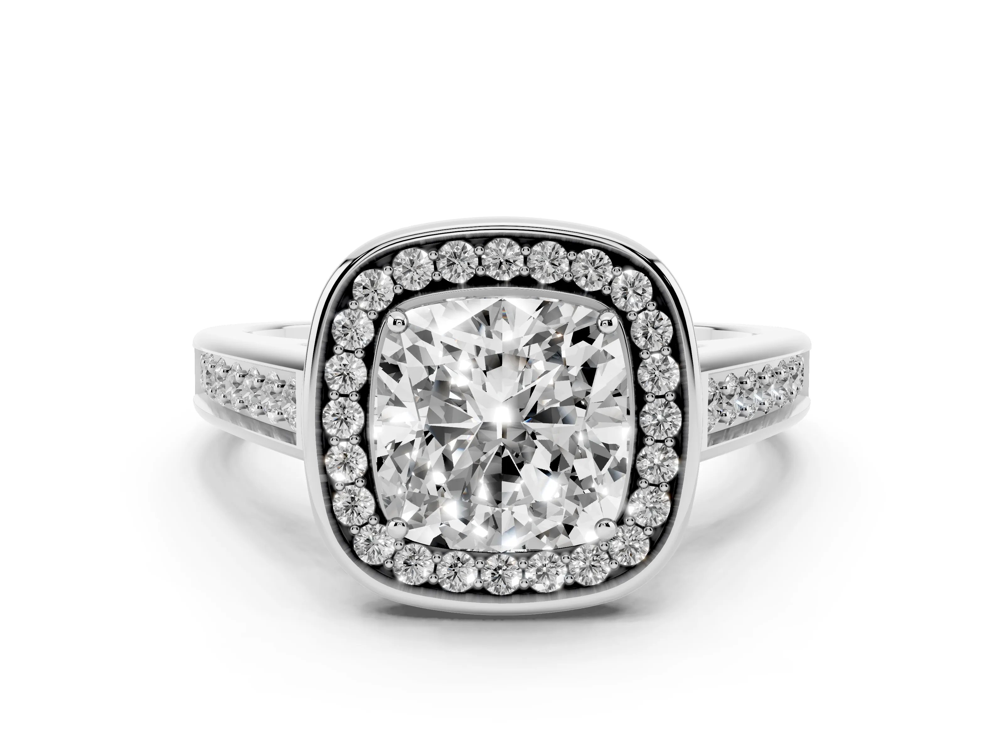Cushion Cut Diamond Halo Solitaire Ring Set in Platinum with Pavé Band and Bezel Setting