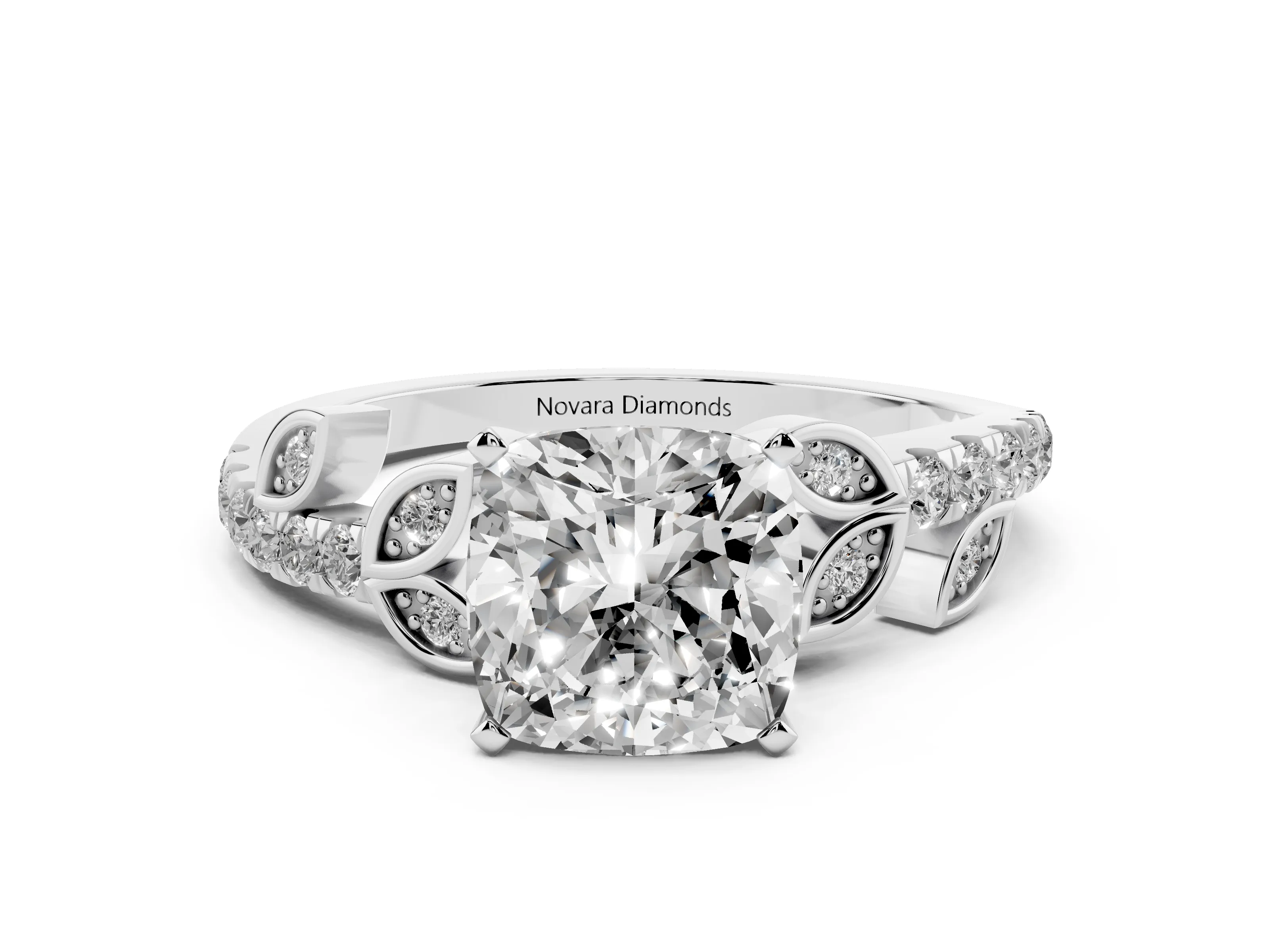 Cushion Cut Diamond Solitaire Leaf-Inspired Ring Set in Platinum with Pavé Band and Prong Setting