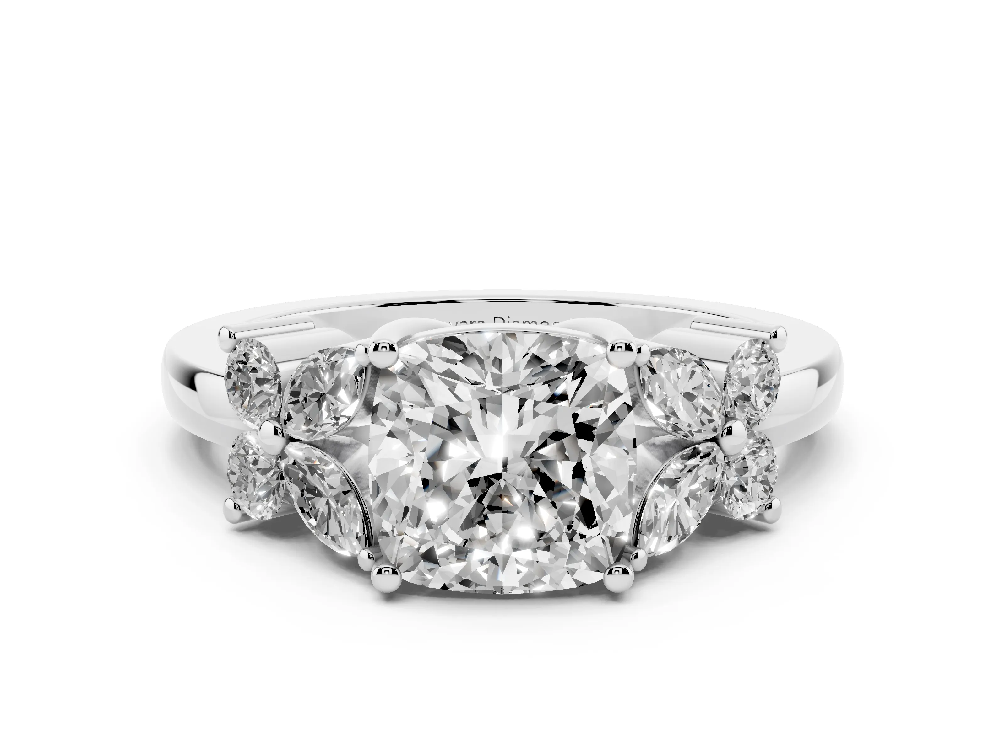 Cushion Cut Diamond Floral Cluster Ring Set in Platinum with Marquise Petals and Prong Setting