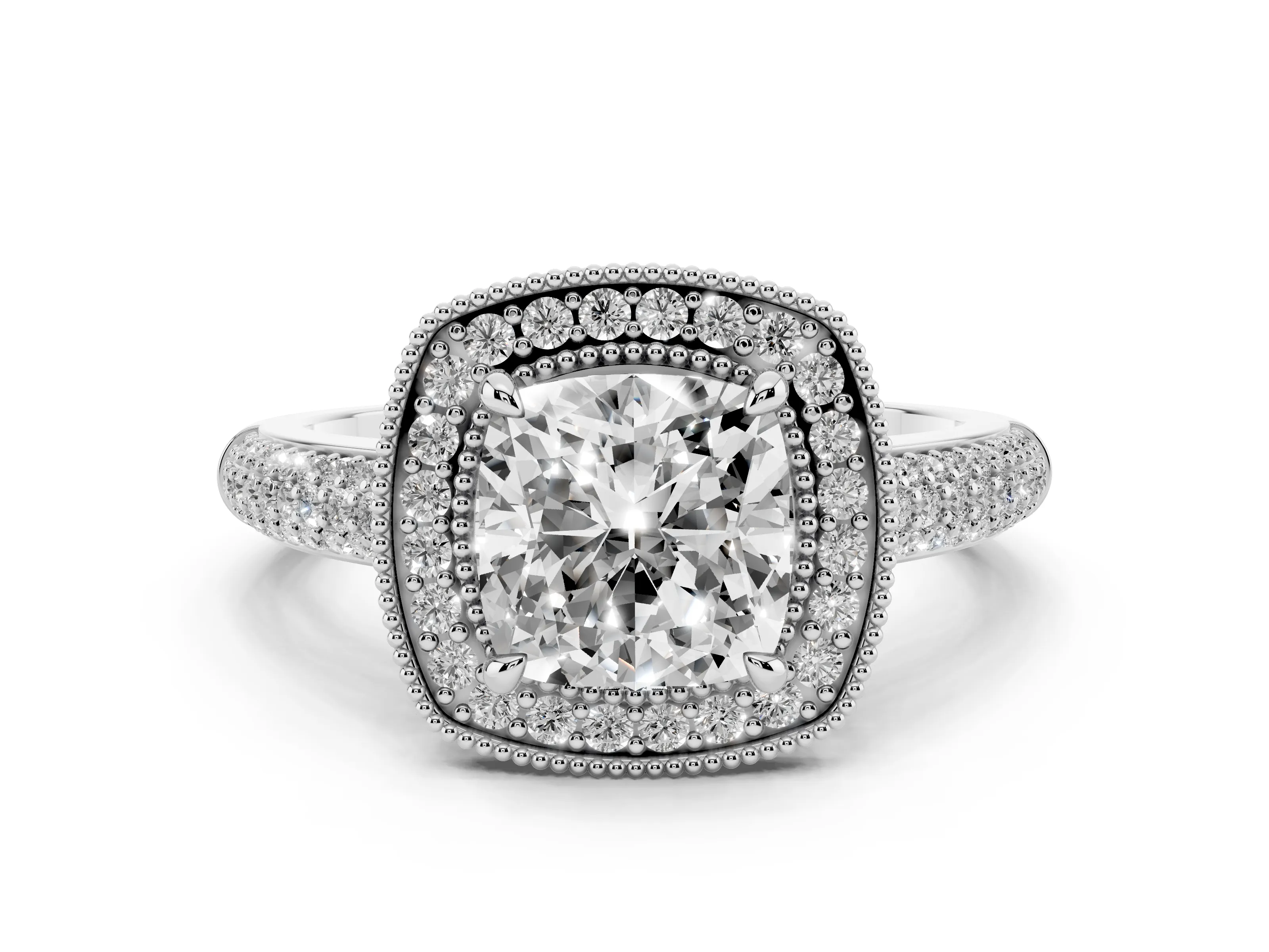 Cushion Cut Diamond Halo Pavé Band Set in White gold with Prong Setting