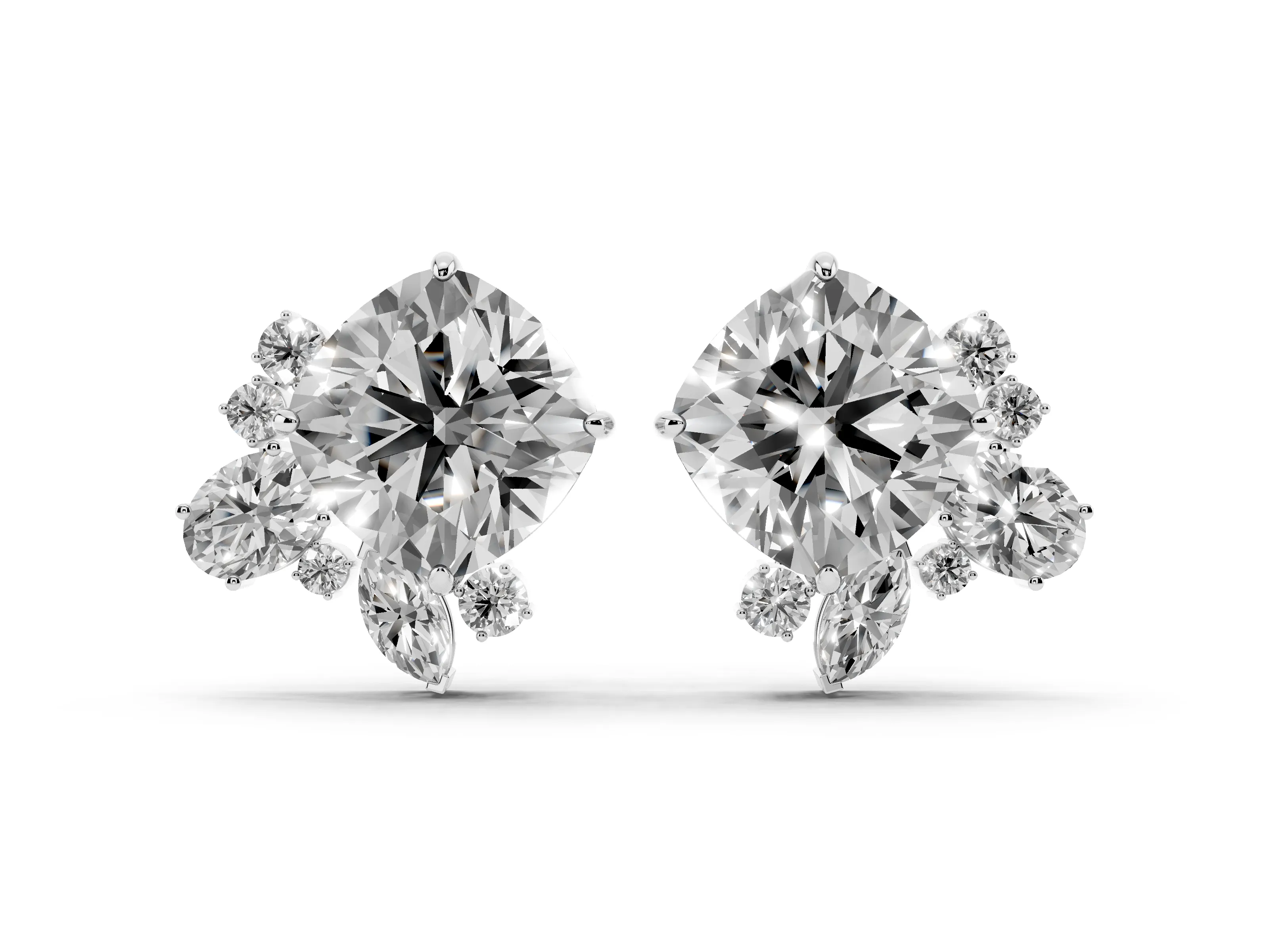 Cushion Cut Lab-Grown Diamond Asymmetric Cluster Stud Earrings | Mixed-Shape Spray | Platinum
