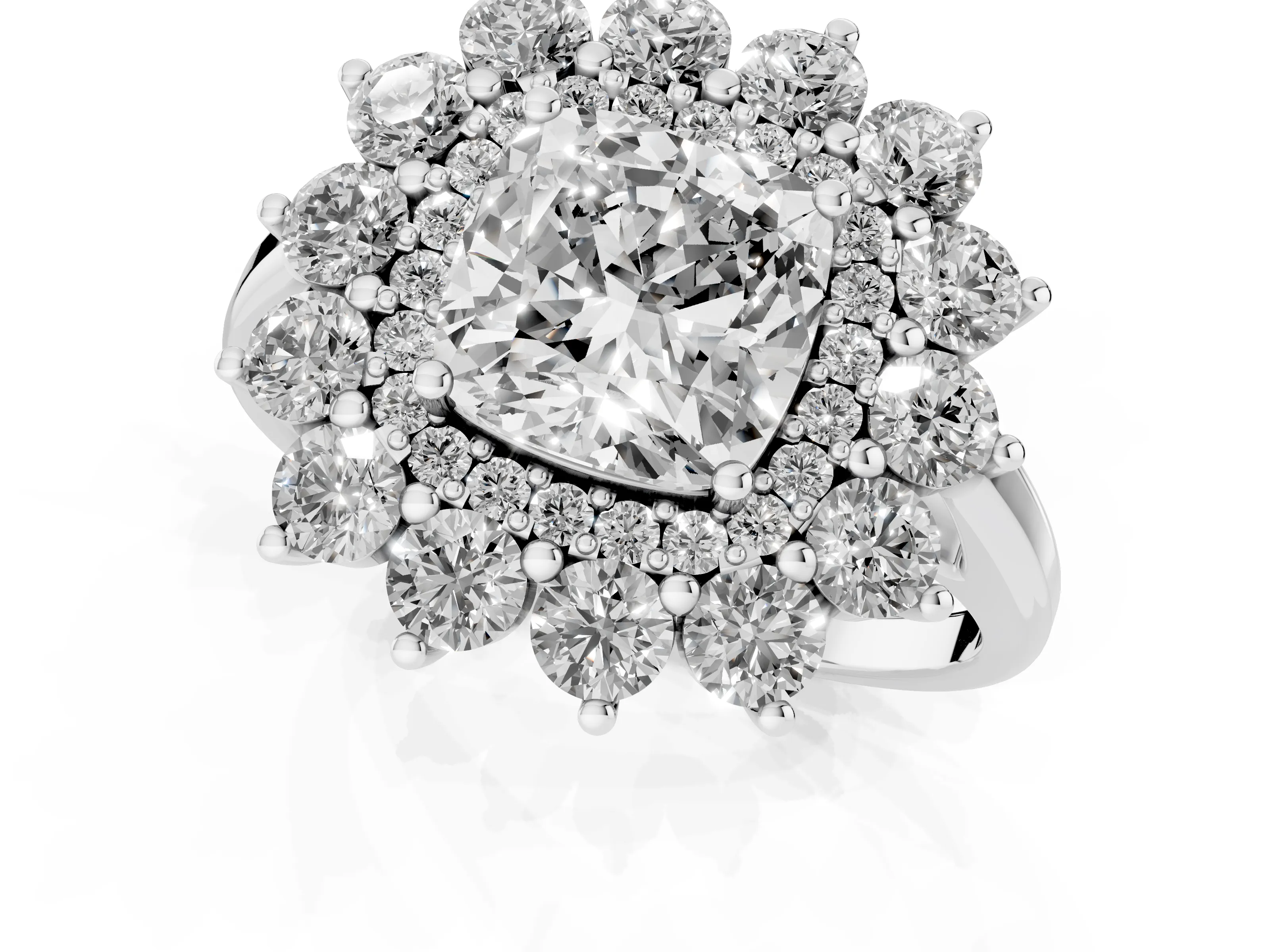 Cushion Cut Diamond Floral Double Halo Ring Set in Silver with Round Petals