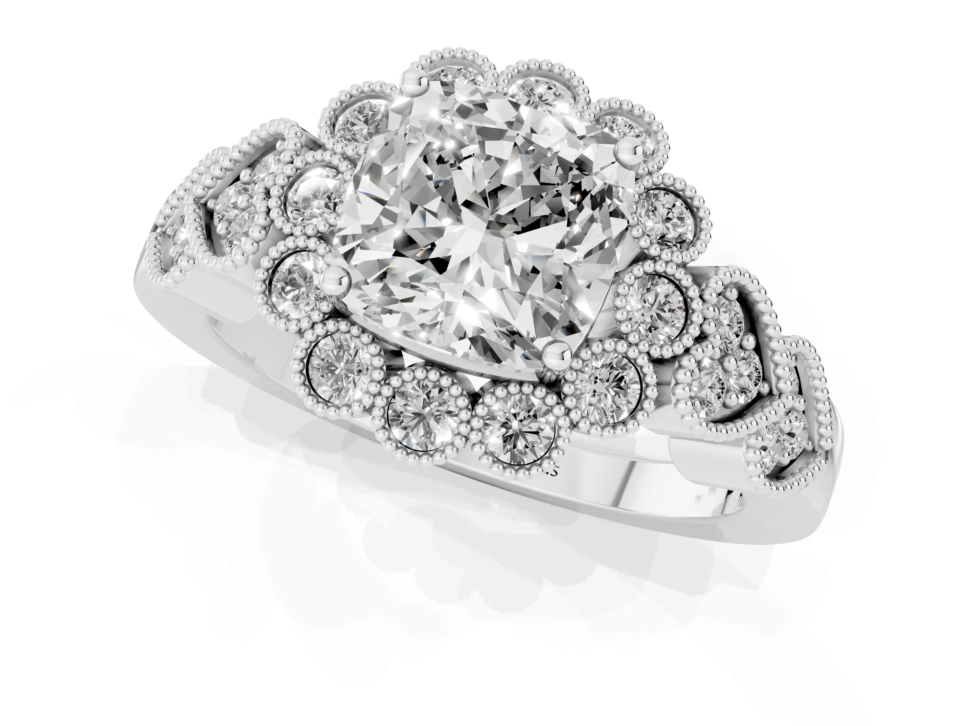 Cushion Cut Diamond Solitaire Ring Set in Platinum with Milgrain Pavé Heart Band