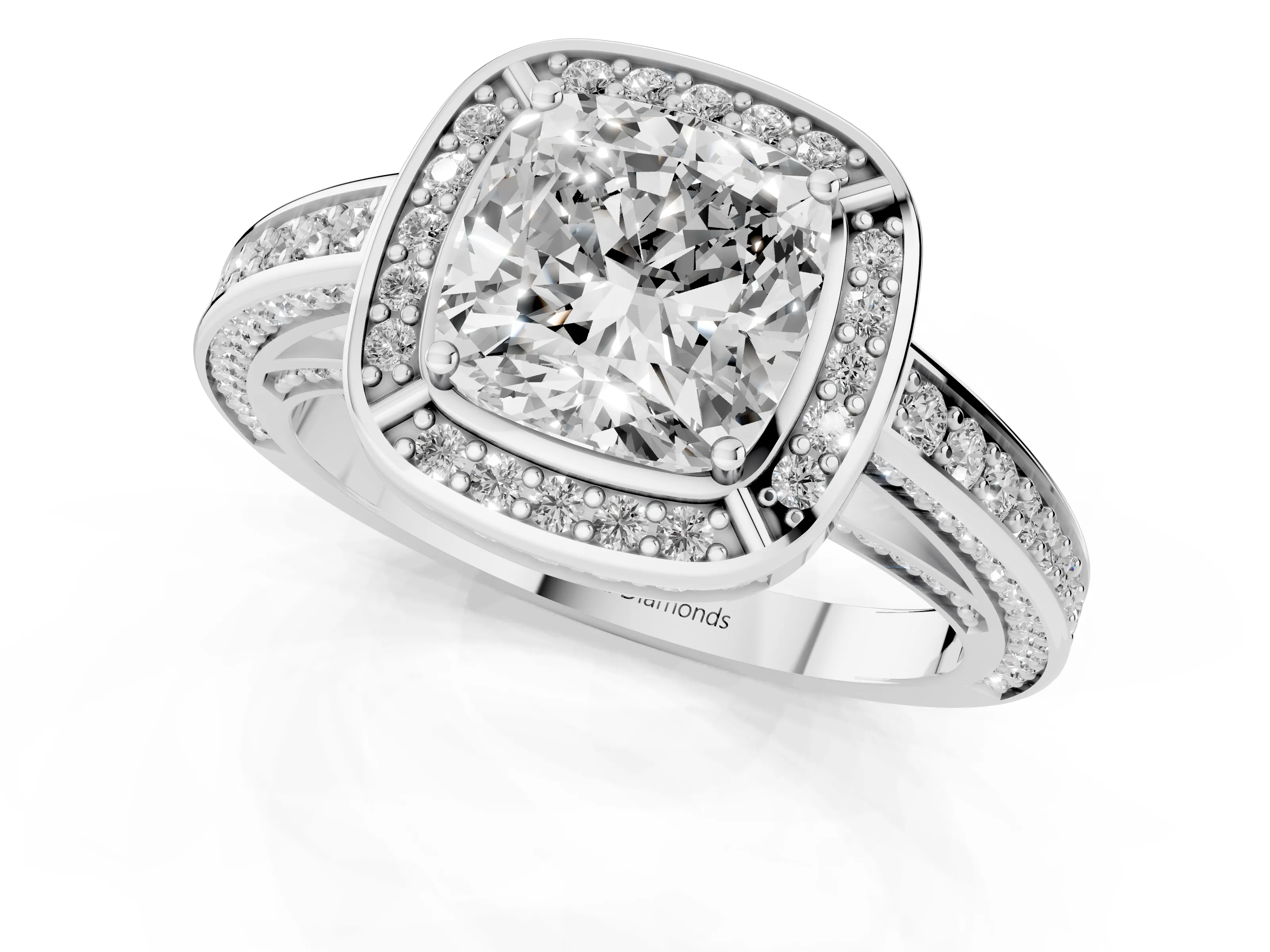 Cushion Cut Diamond Halo Pavé Split Shank Ring Set in Silver with Prong Setting