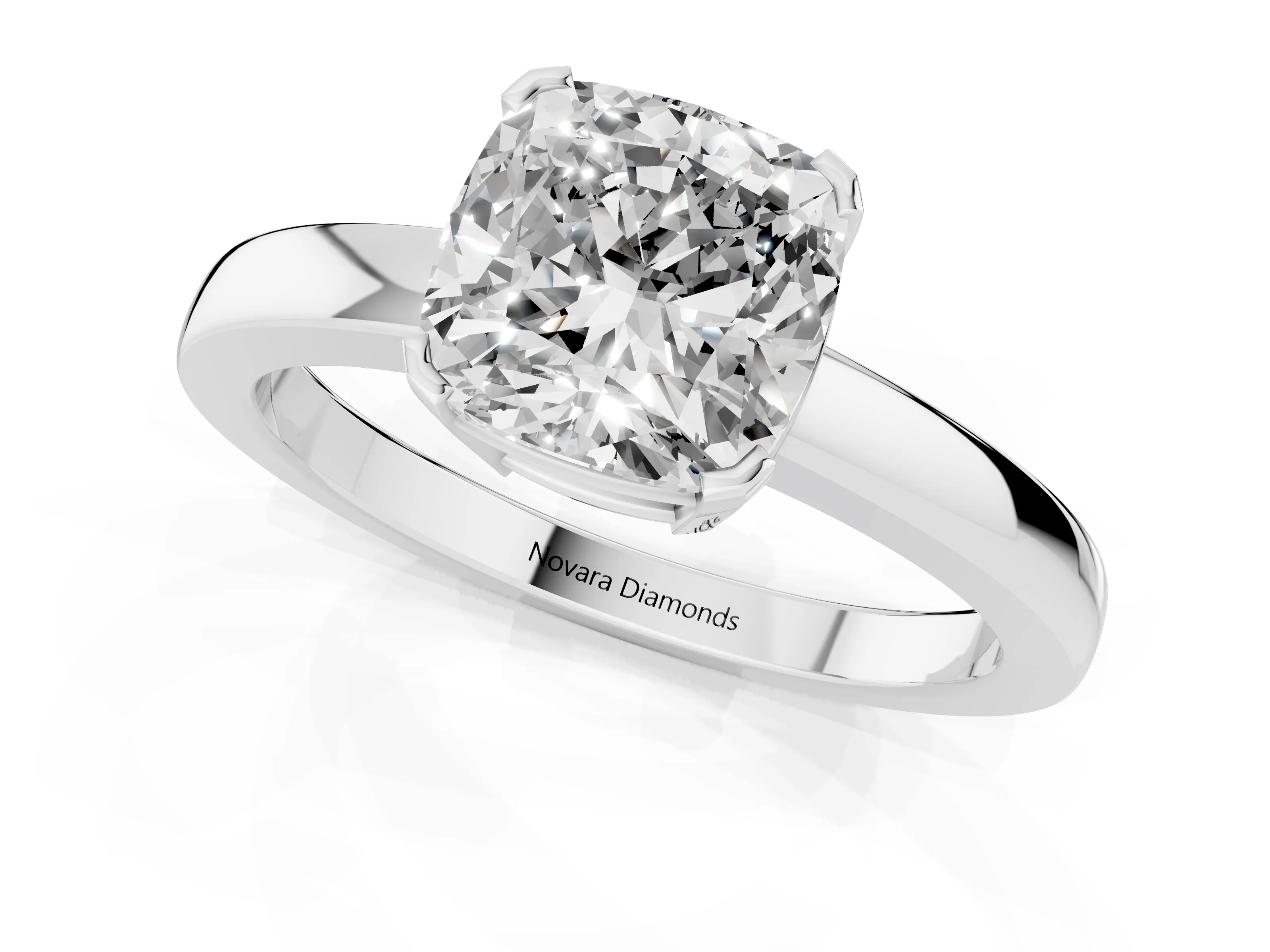 Cushion Cut Diamond Solitaire Ring Set in Silver with Prong Head and Smooth Polished Band
