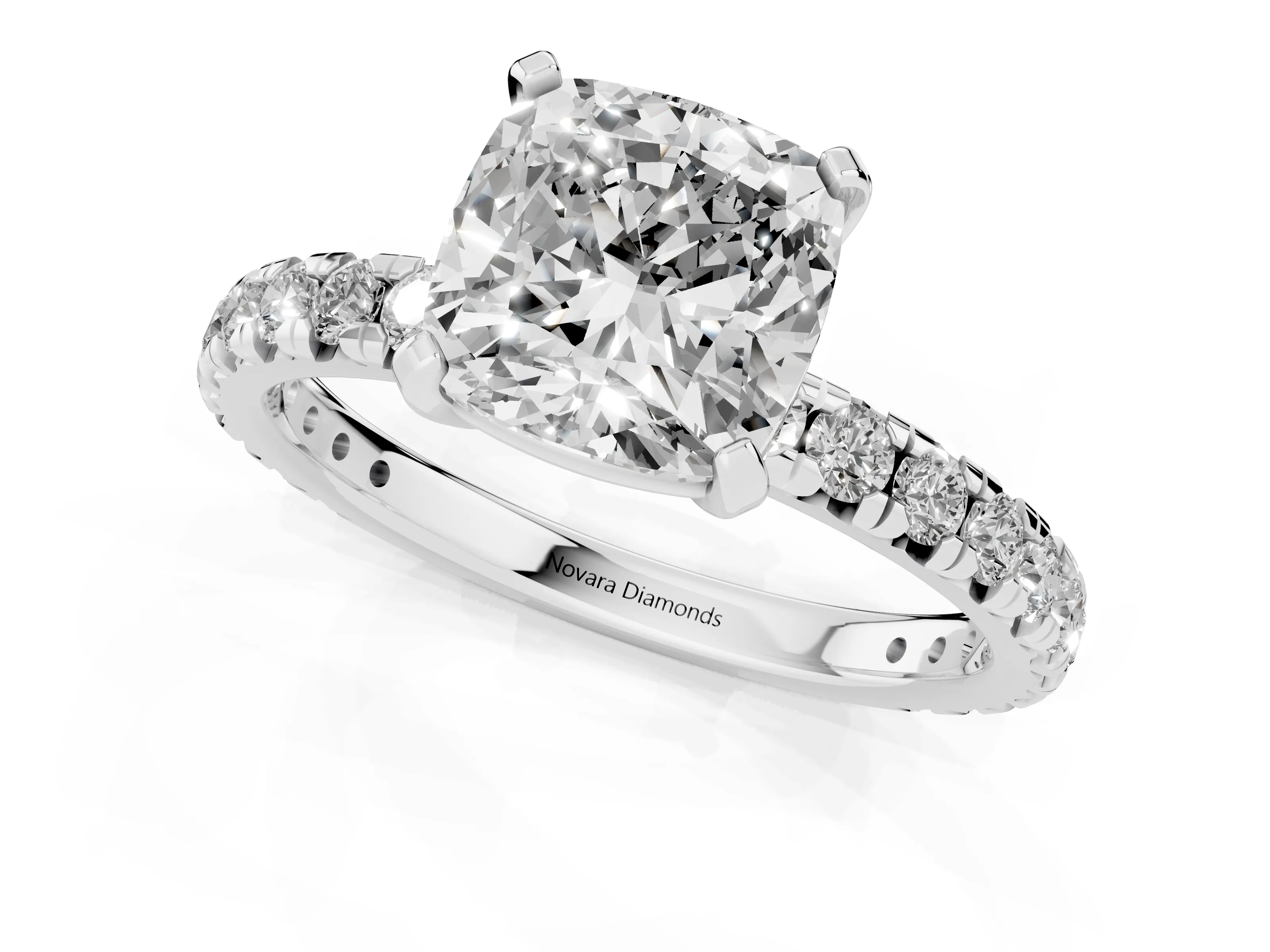 Cushion Cut Diamond Pavé Solitaire Ring Set in White gold with Round Band and Prong Setting