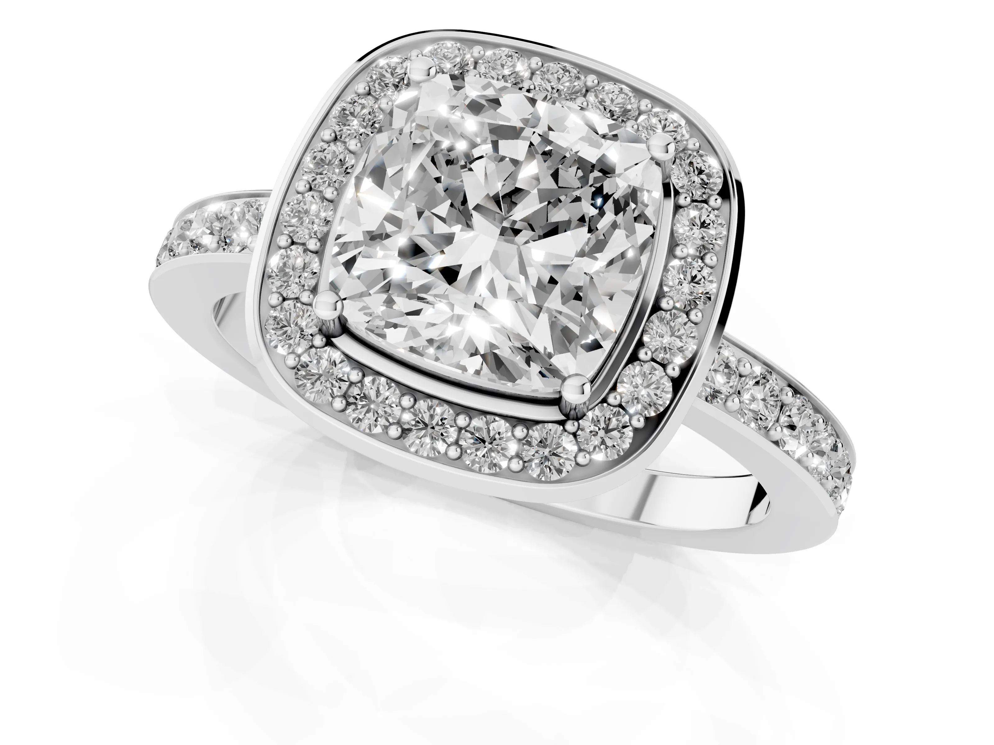 Cushion Cut Diamond Halo Ring Set in Platinum with Bezel Frame and Pavé Band
