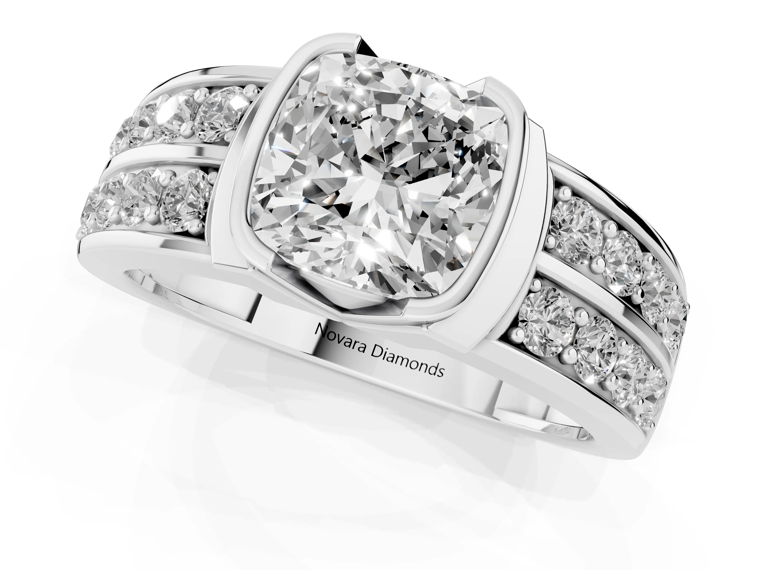Cushion Cut Diamond Wide Channel Set Band Ring Set in Platinum with Bezel Setting