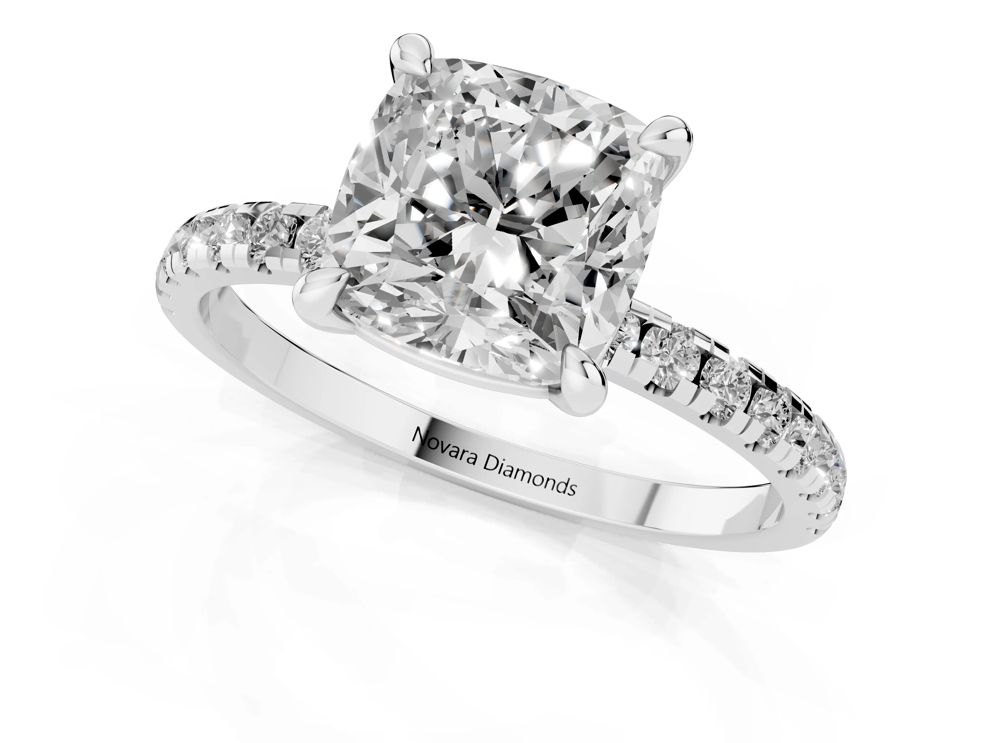 Cushion Cut Diamond Brilliant Solitaire Ring Set in Silver with Pavé Band and Prong Setting