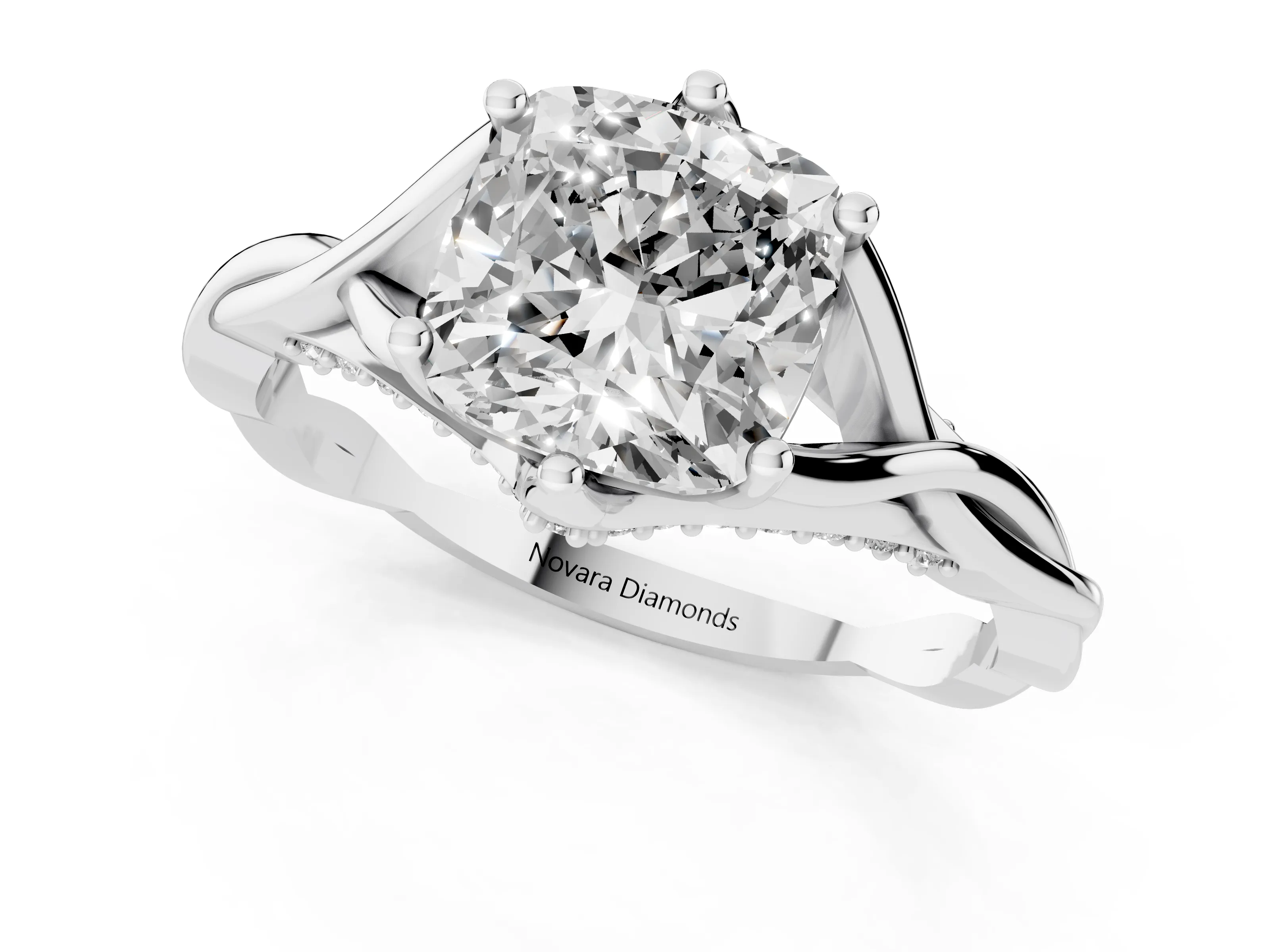 Cushion Cut Diamond Intertwined Twist Band Solitaire Ring Set in White gold with Prong Setting
