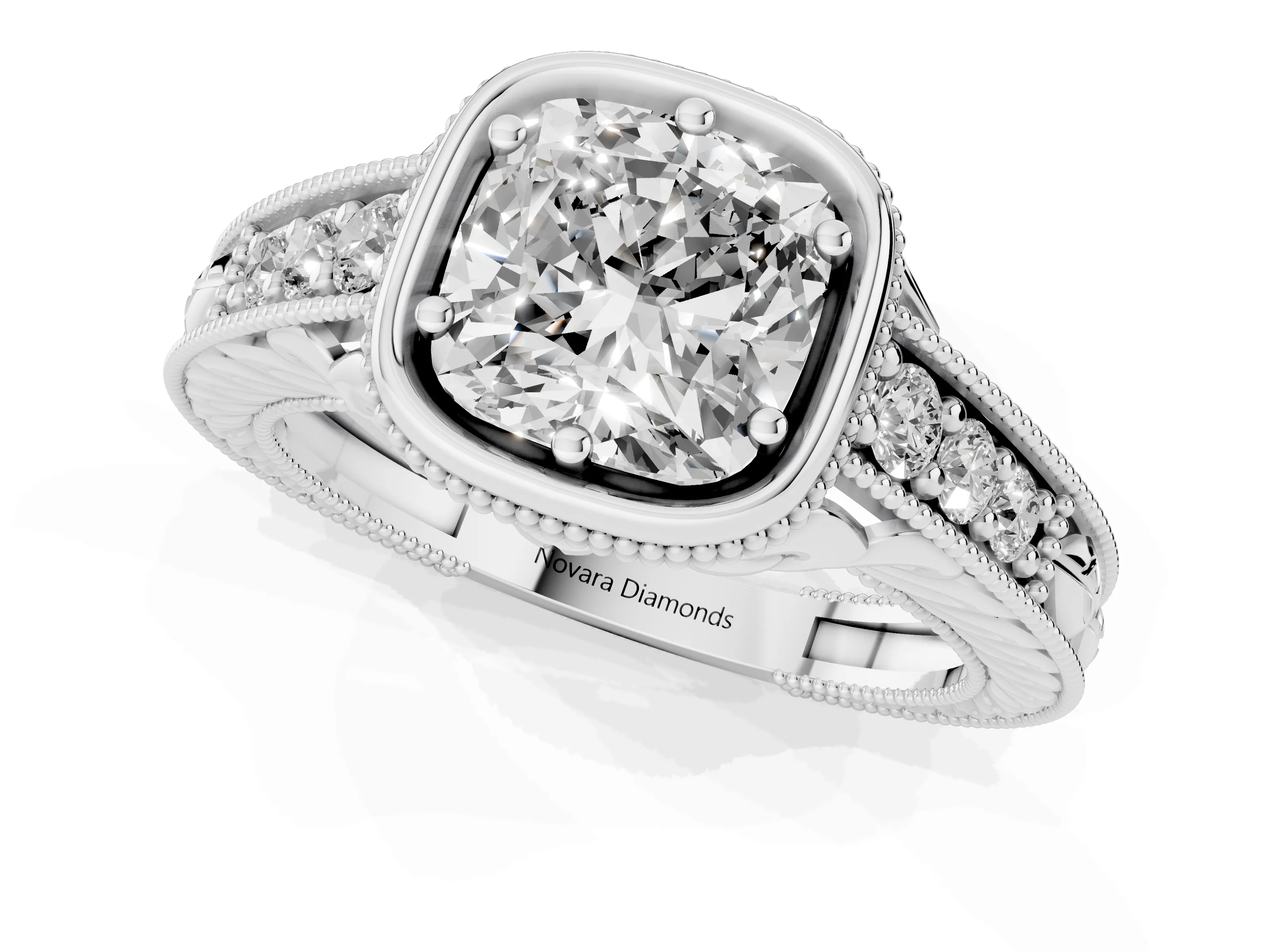 Bezel Set Cushion Cut Diamond Milgrain Pavé Engagement Ring Set in Silver