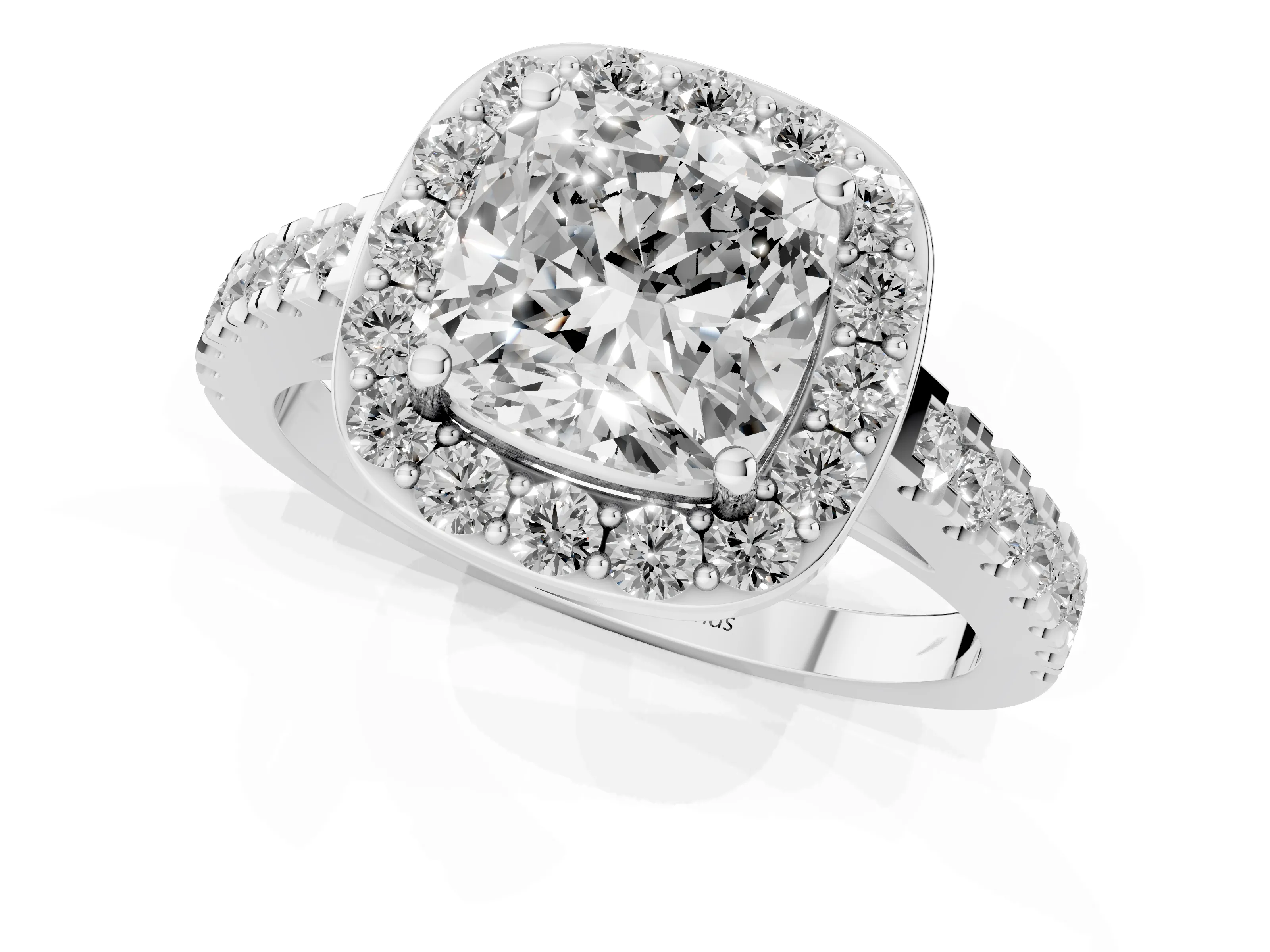 Cushion Cut Diamond Halo Ring Set in Silver with Round Pavé Split Shank and Prong Setting