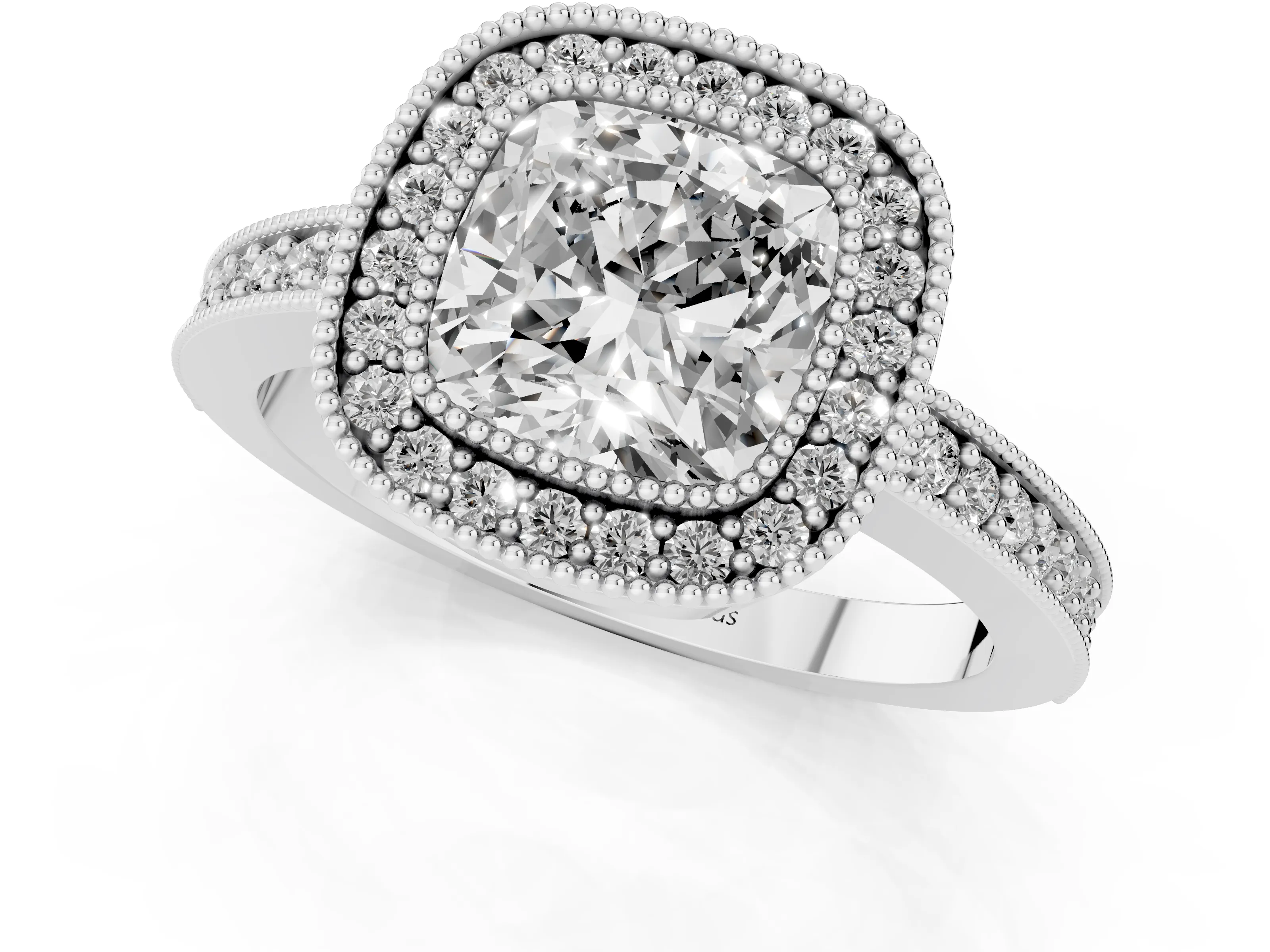 Cushion Cut Diamond Halo Engagement Ring Set in Platinum with Pavé Band and Round Halo Stones