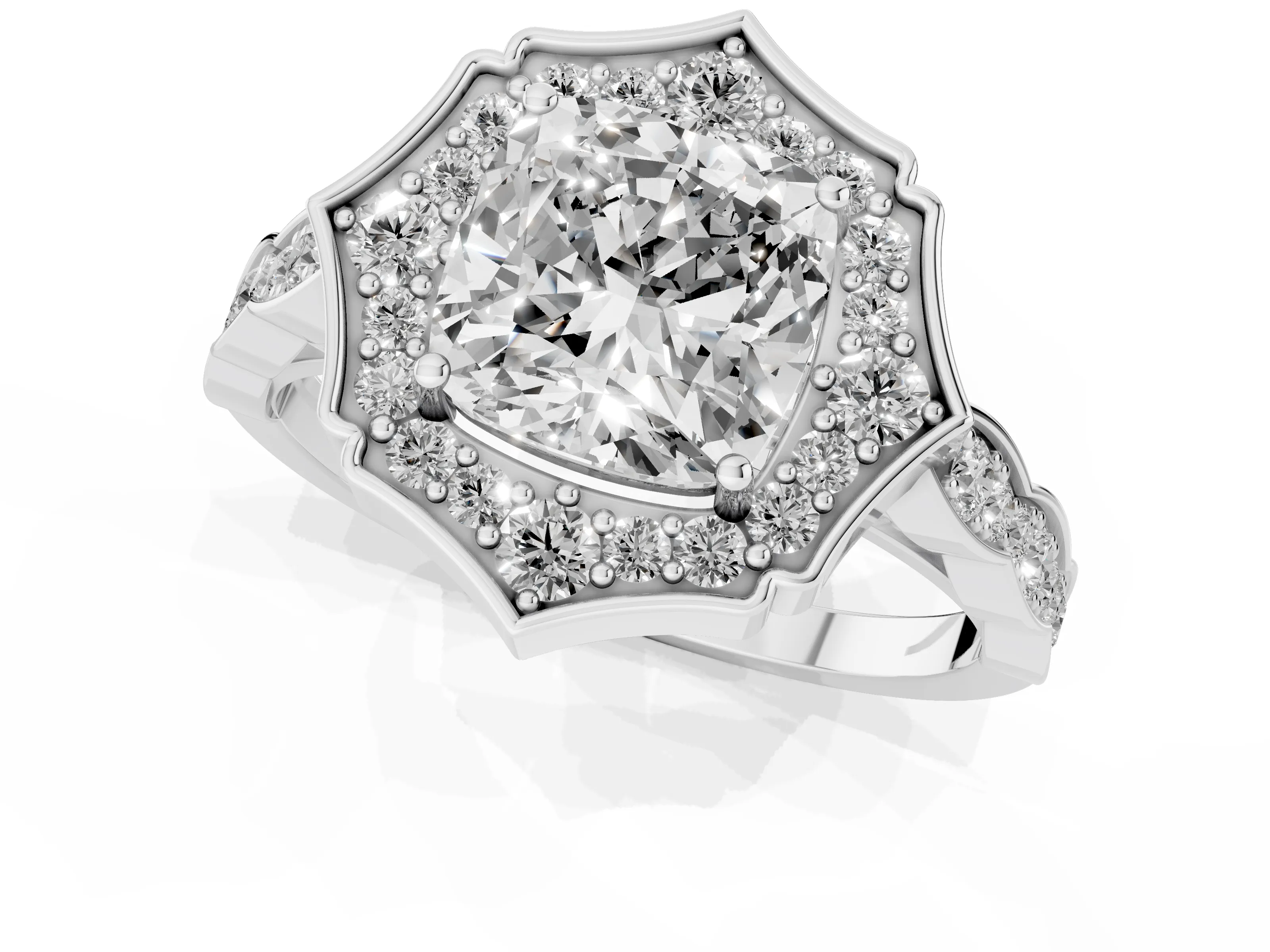 Cushion Cut Diamond Halo Engagement Ring Set in Platinum with Milgrain Band and Prong Setting
