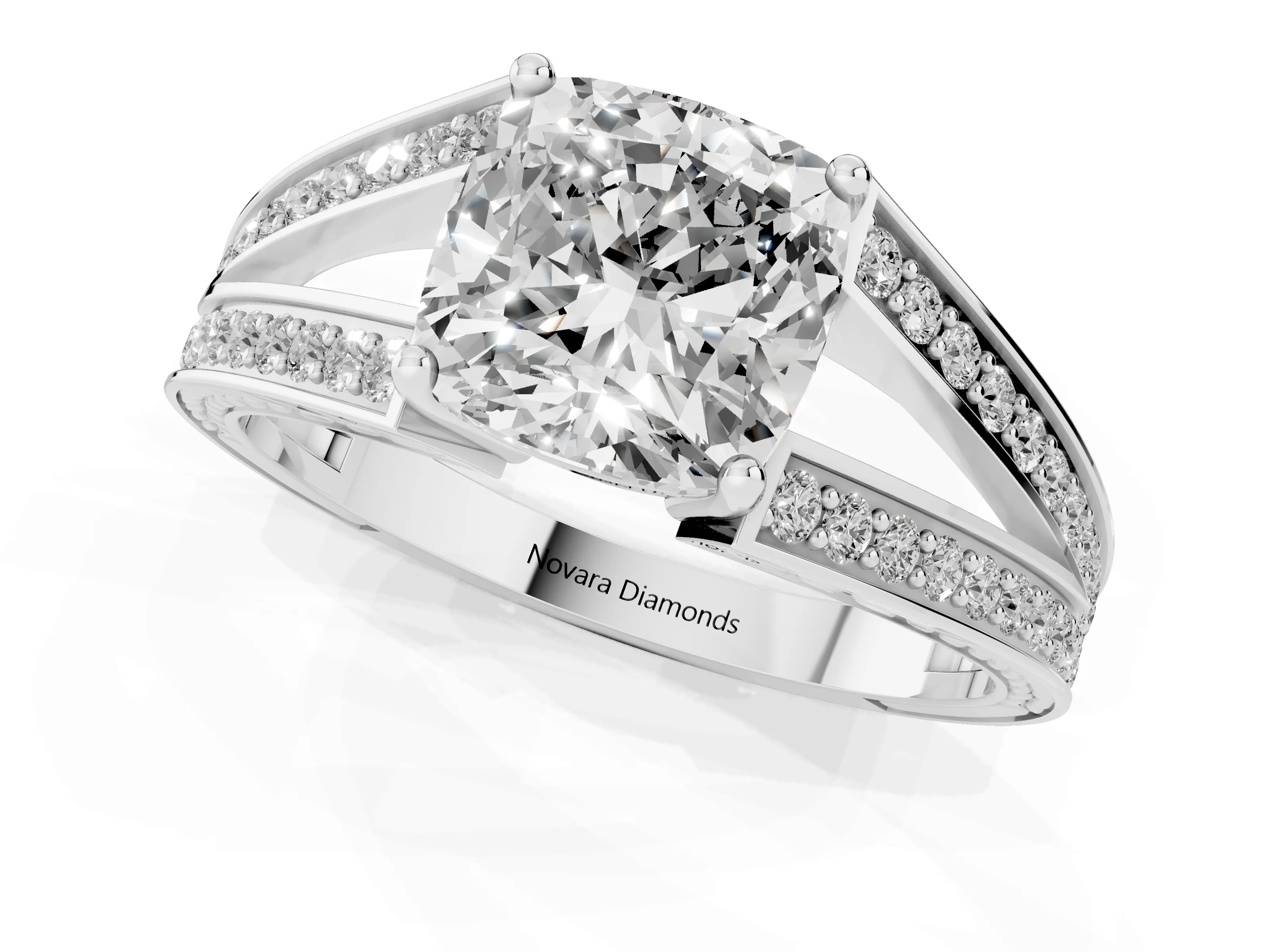 Cushion Cut Diamond Split Shank Ring Set in White gold with Pavé Band and Prong Setting