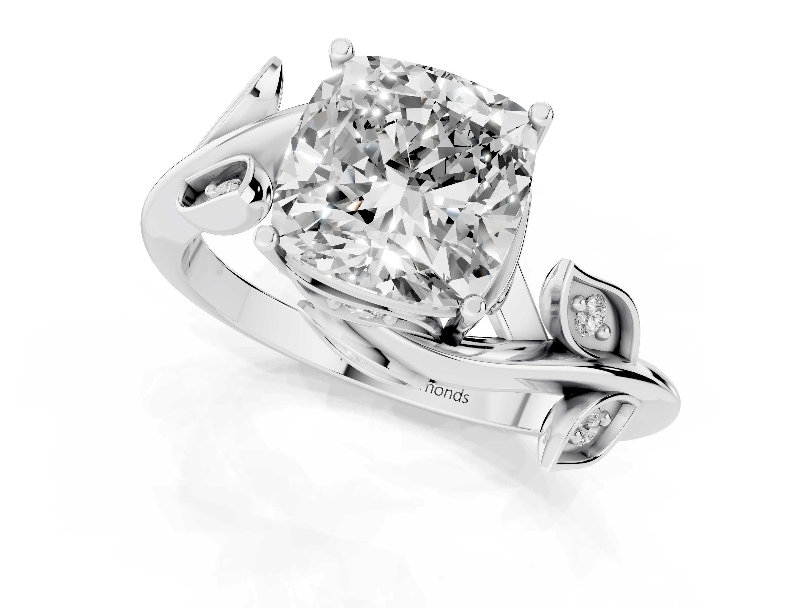 Cushion Cut Diamond Solitaire Twist Engagement Ring Set in Platinum with Pavé Leaf Accents