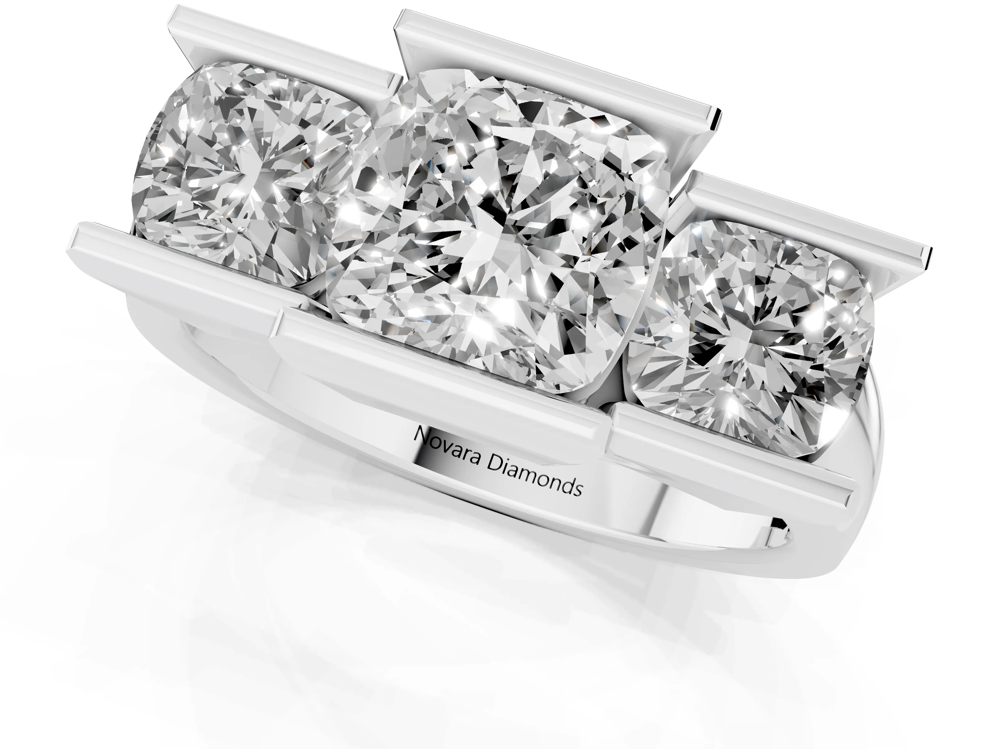 Cushion Cut Diamond Three-Stone Channel Set Ring Set in Platinum with Smooth Polished Band