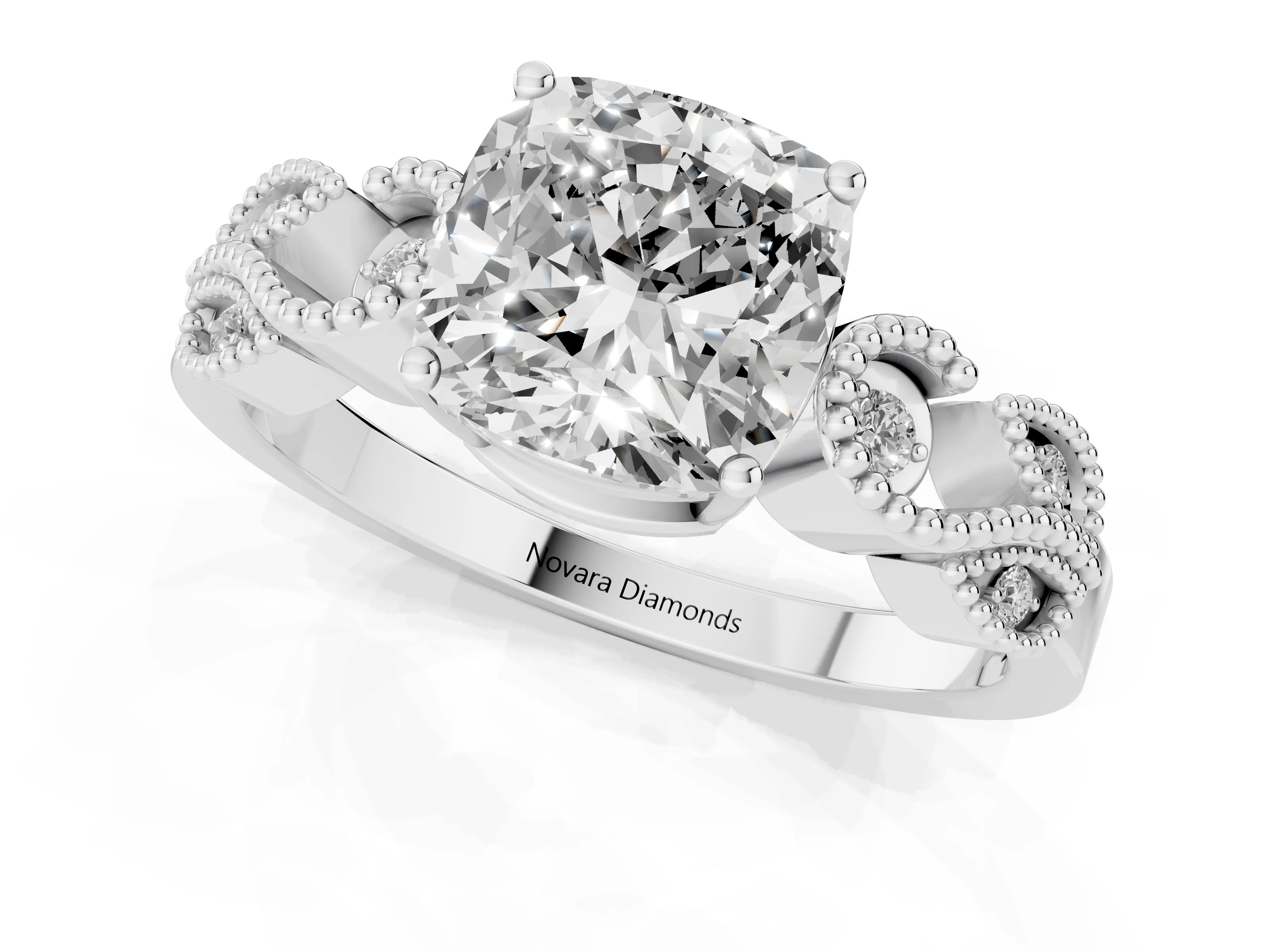 Cushion Cut Diamond Milgrain Leaf Band Solitaire Ring Set in Silver with Accent Stones and Prong Setting