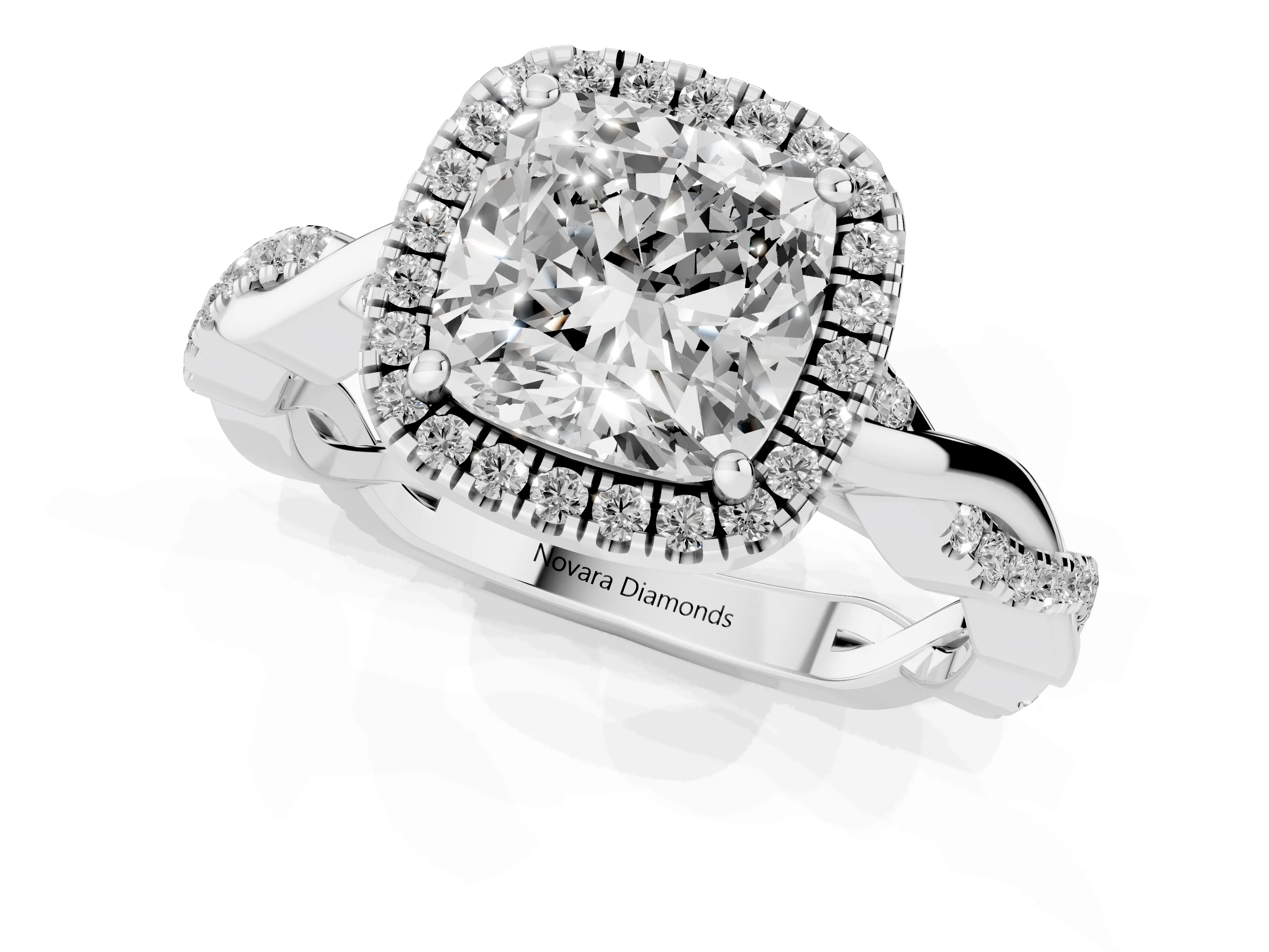 Cushion Cut Diamond Halo Twisted Band Ring Set in Silver with Prong Setting