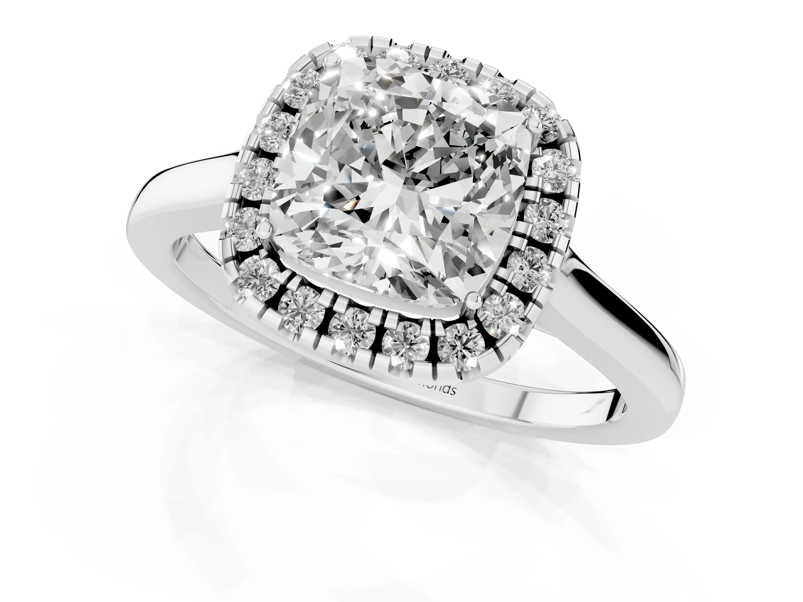 Cushion Cut Halo Round Diamond Solitaire Ring Set in Platinum with Pavé Band and Prong Setting