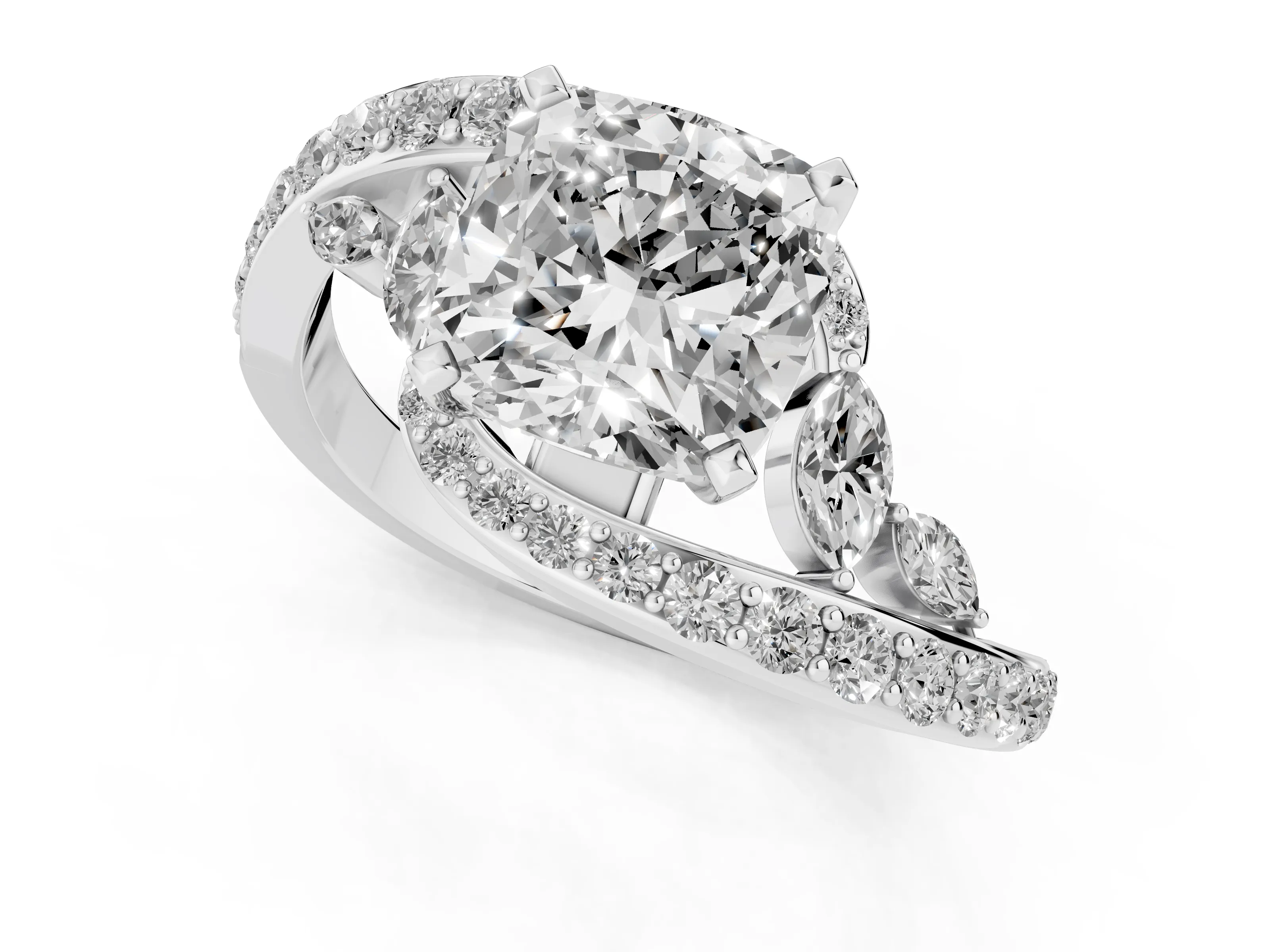 Cushion Cut Diamond Solitaire Ring Set in Silver with Filigree Band and Prong Setting
