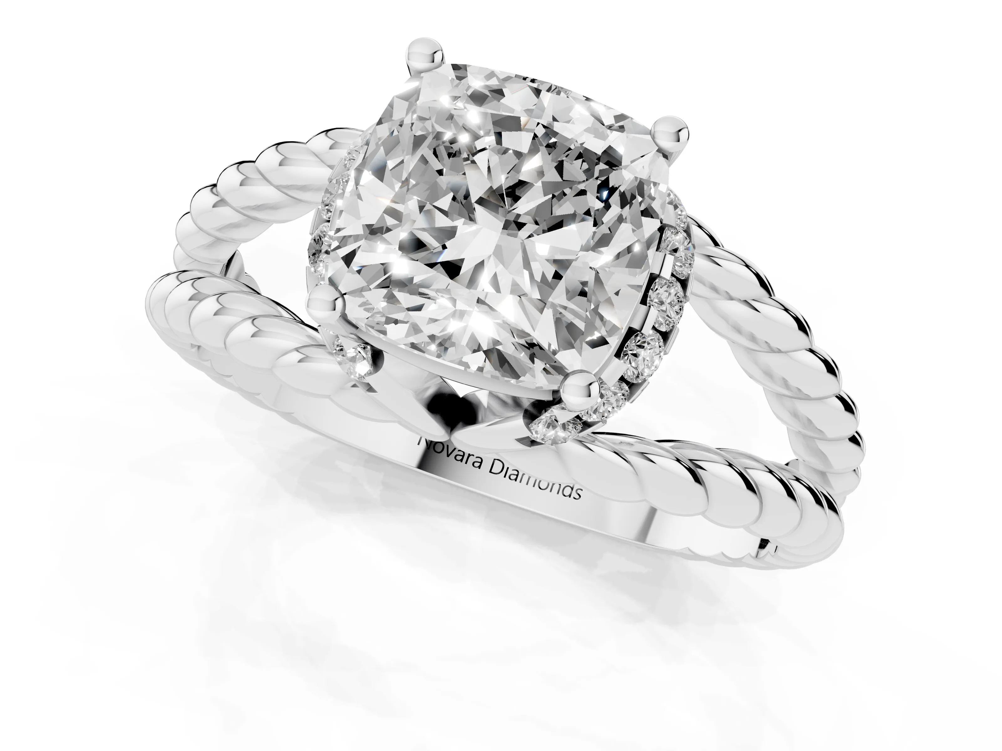 Cushion Cut Diamond Halo Ring Set in Platinum with Twisted Band and Prong Setting