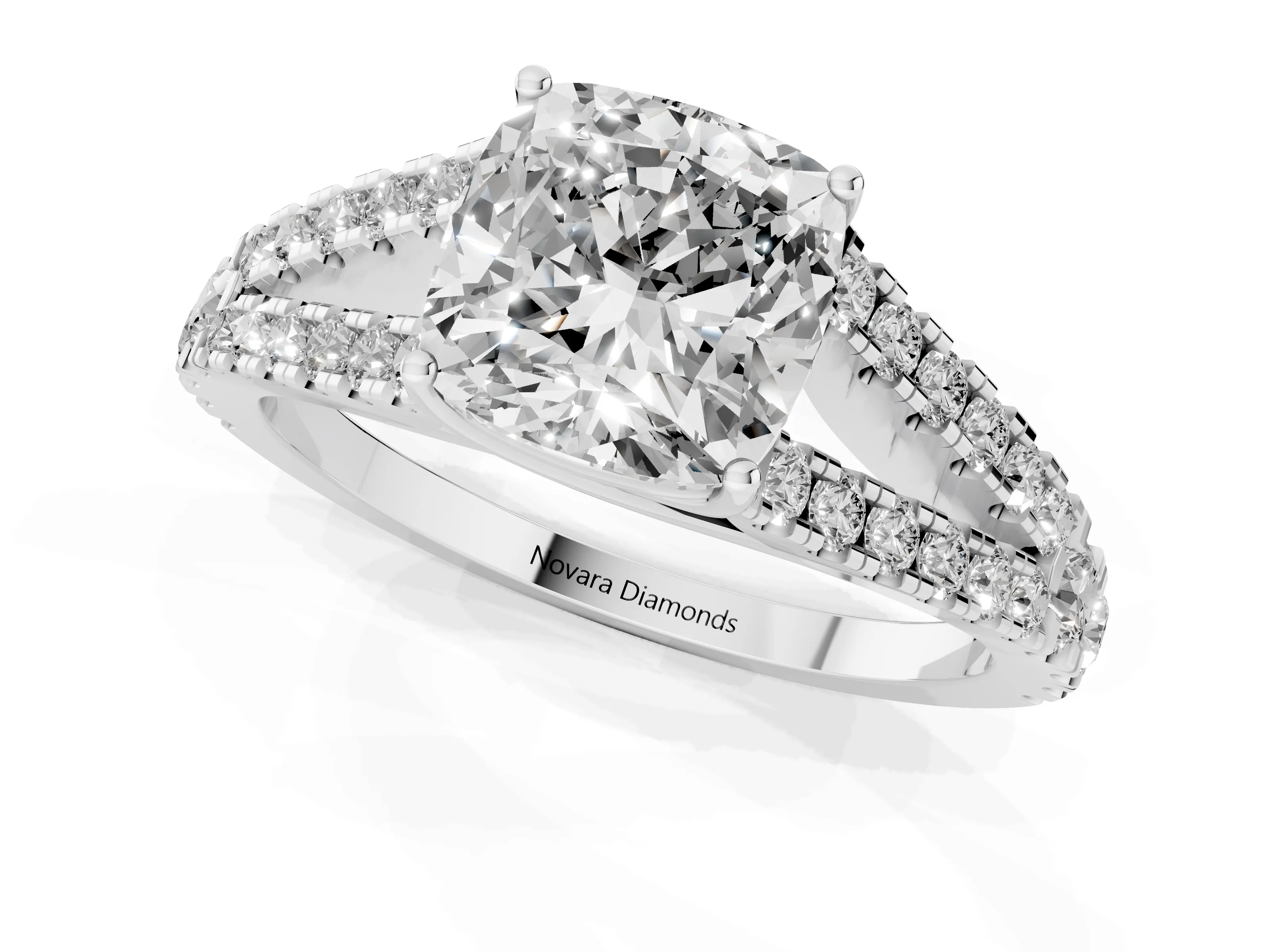 Cushion Cut Diamond Split Shank Pavé Engagement Ring Set in Platinum with Prong-Held Center Stone