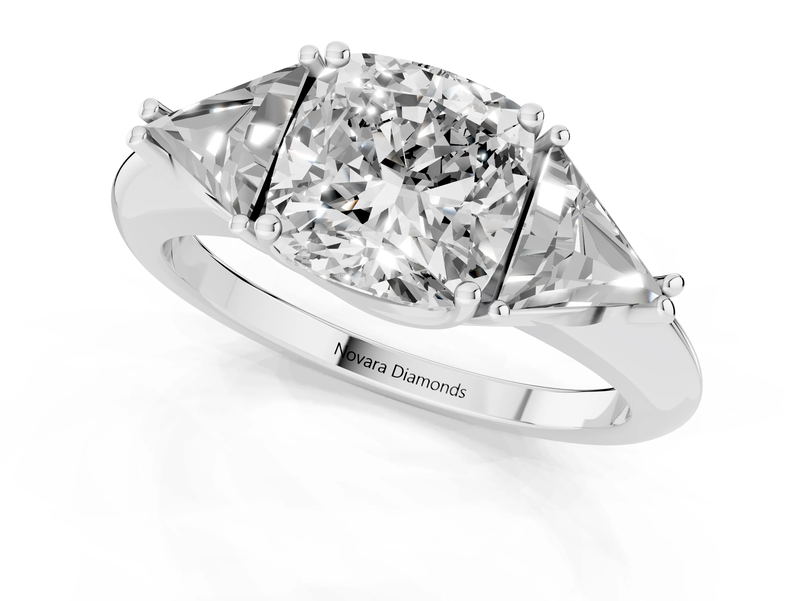 Cushion Cut Diamond Three-Stone Engagement Ring Set in White gold with Trillion Side Stones