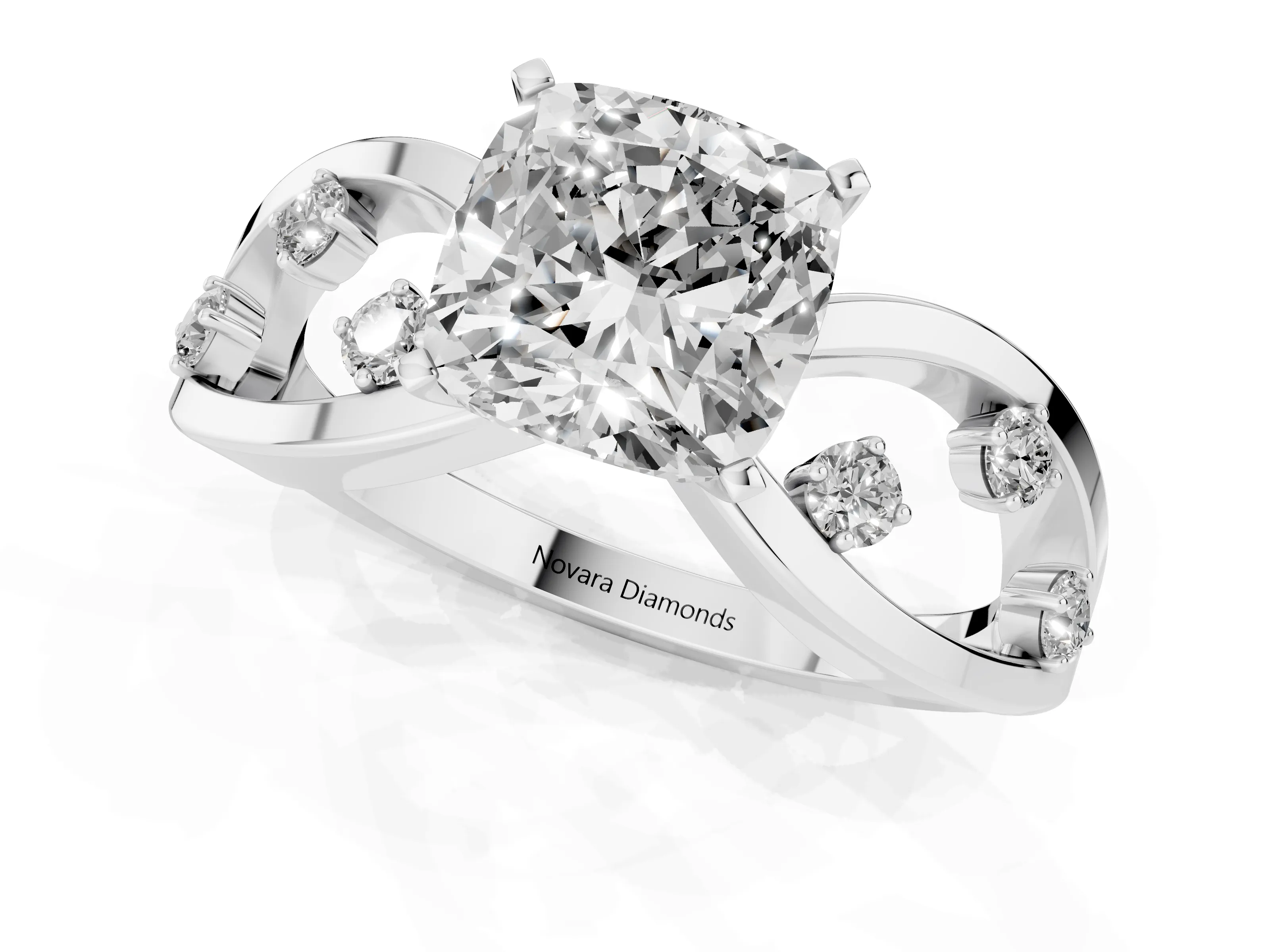 Cushion Cut Diamond Solitaire Ring Set in White gold with Side Stones on Criss-Cross Band and Prong Setting