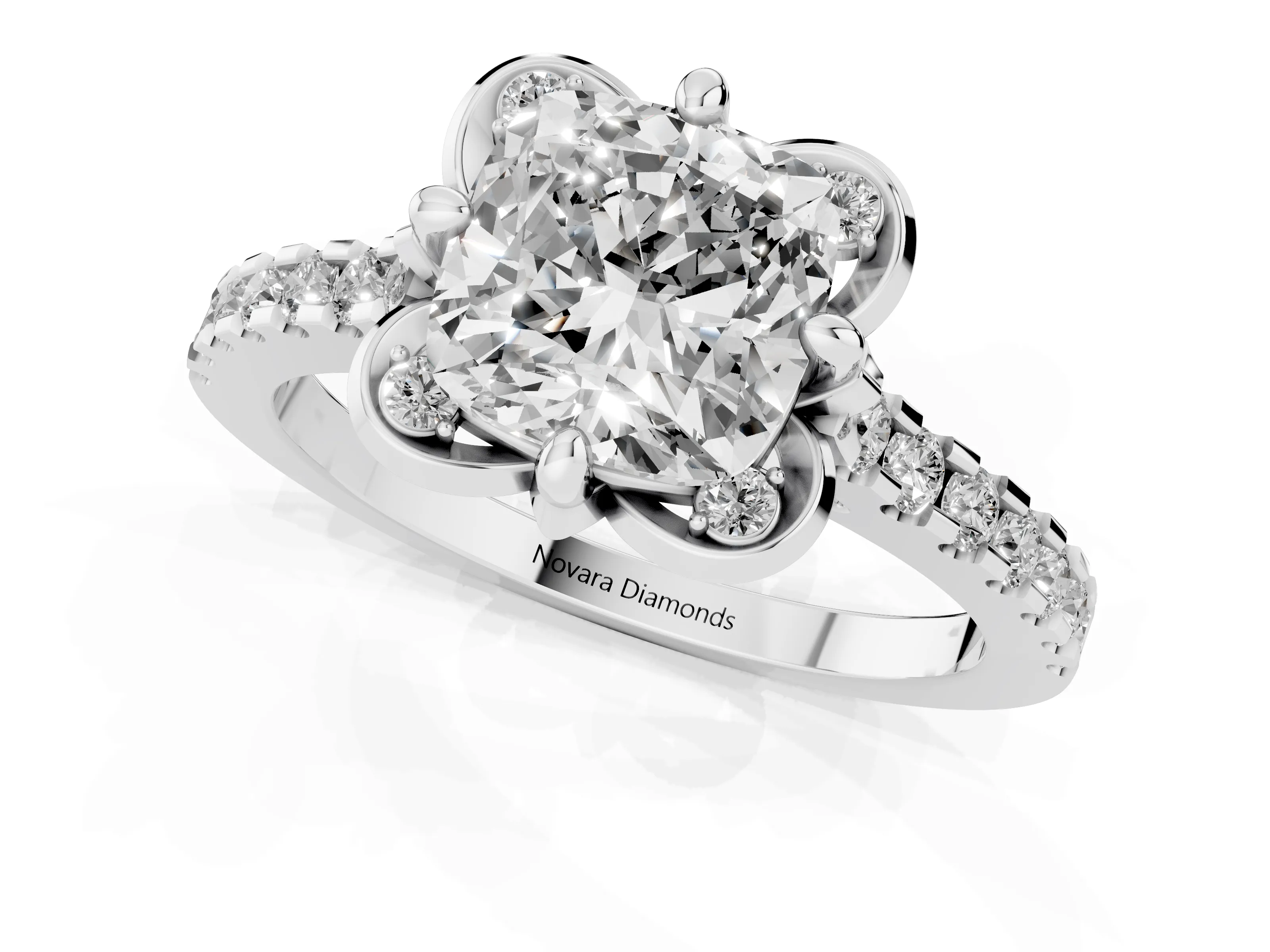 Cushion Cut Diamond Solitaire Ring Set in White gold with Pavé Band and Floral Prong Setting