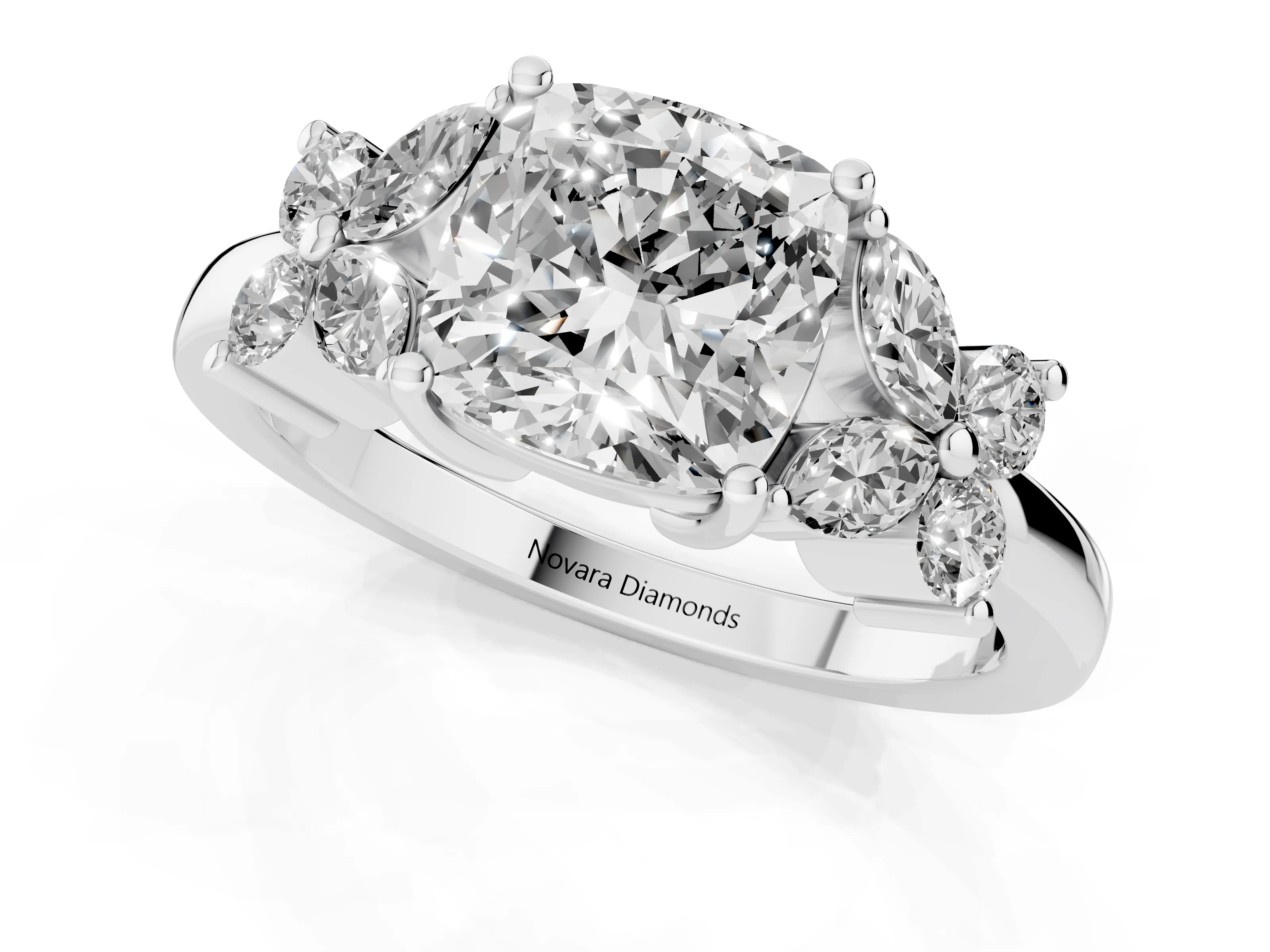 Cushion Cut Diamond Floral Cluster Ring Set in White gold with Marquise Petals and Prong Setting