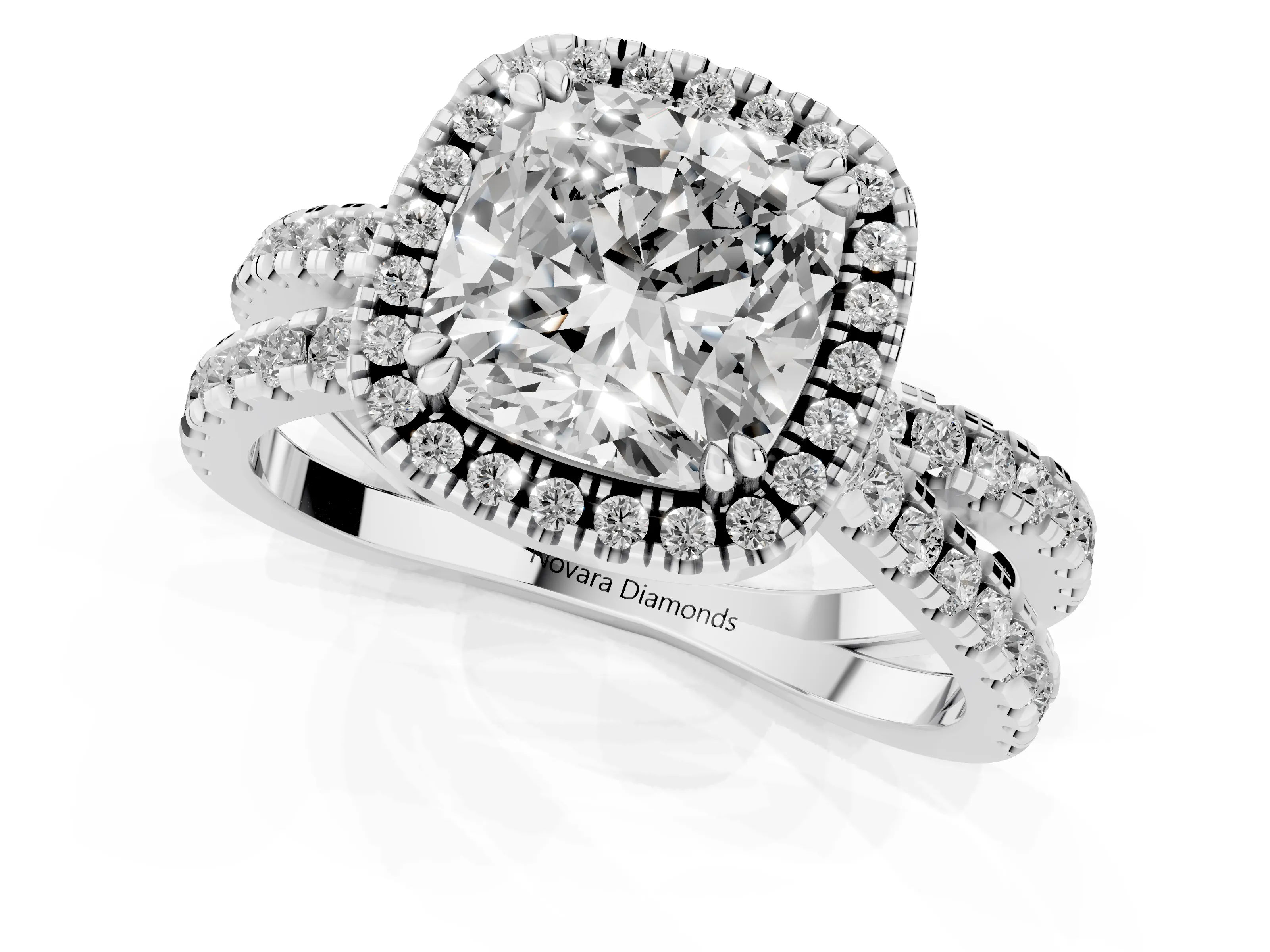 Cushion Cut Diamond Halo Split Shank Ring Set in Platinum with Pavé Setting – second view