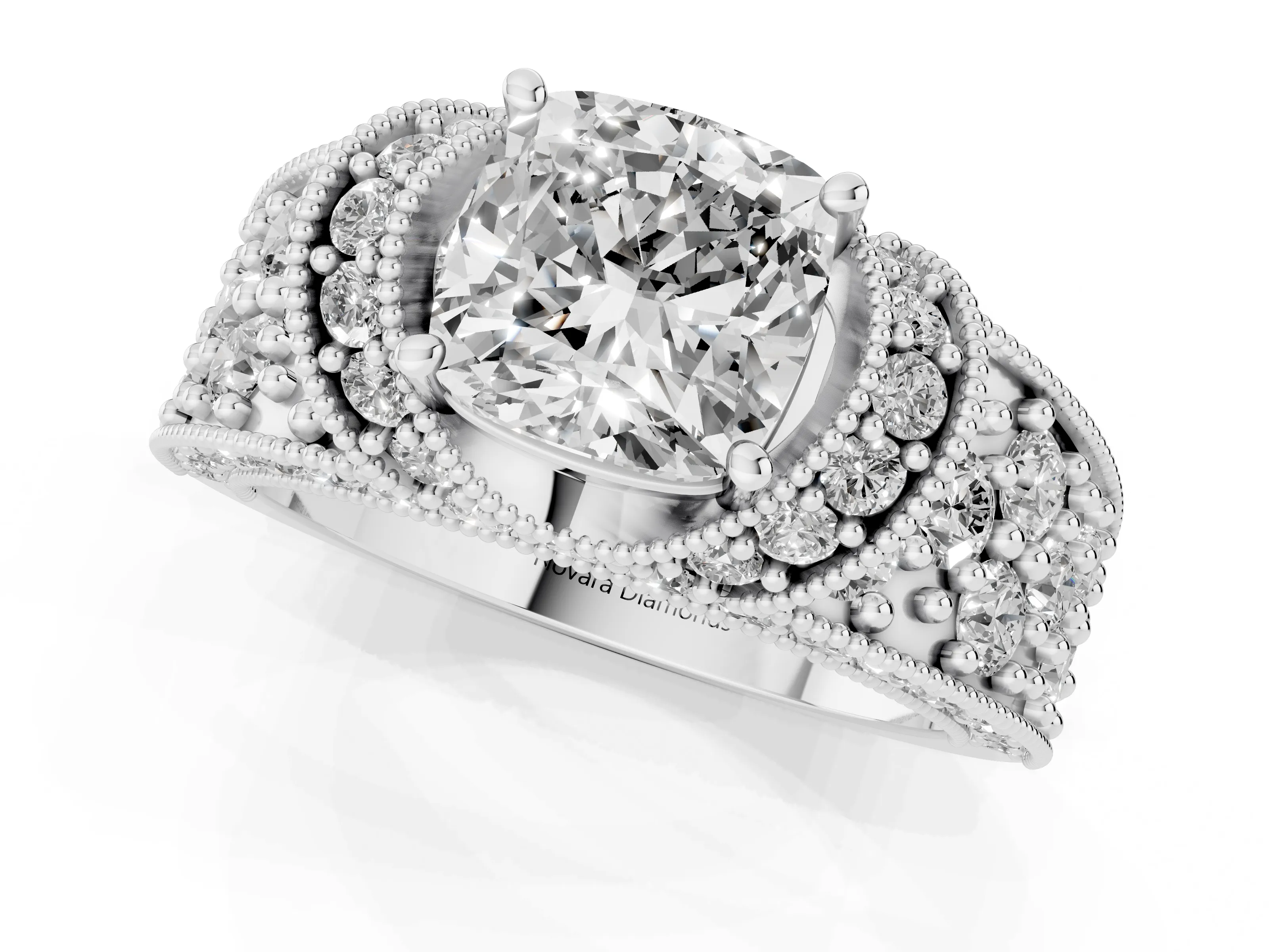 Cushion Cut Diamond Milgrain Halo Pavé Engagement Ring Set in Silver with Prong Setting