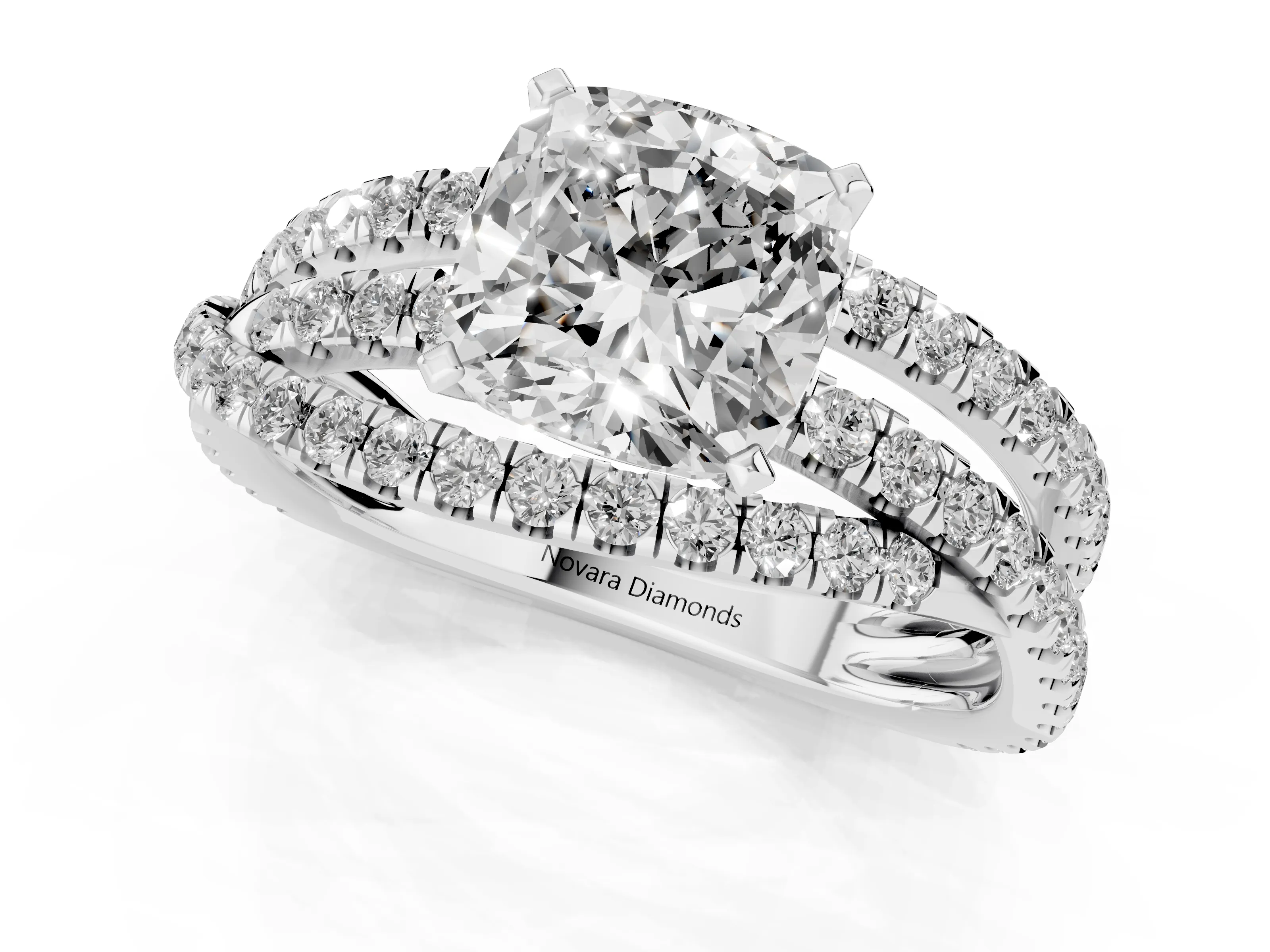 Cushion Cut Diamond Solitaire Twist Band Ring Set in Platinum with Pavé Setting and Prong Head