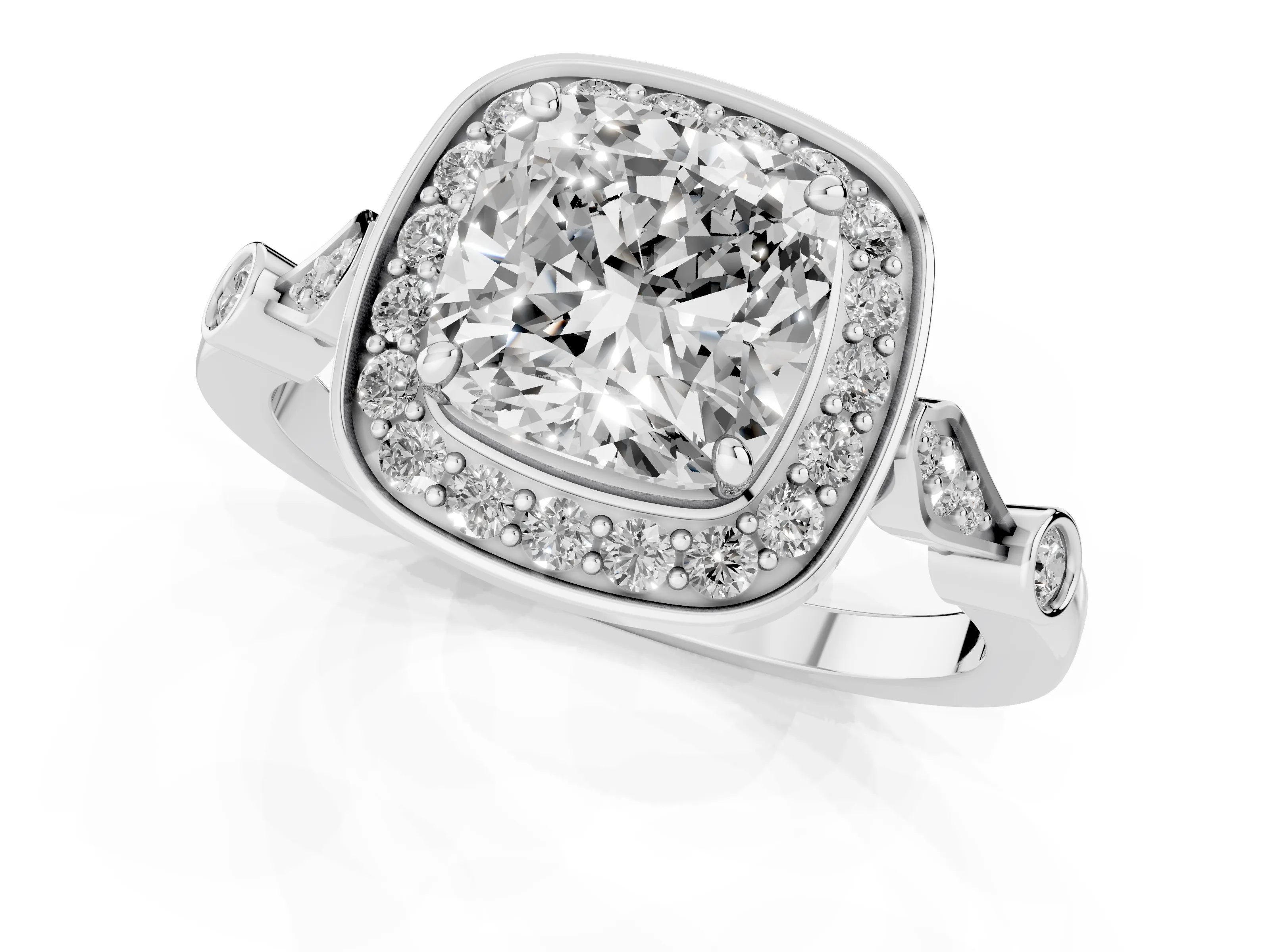 Cushion Cut Diamond Halo Engagement Ring Set in White gold with Twisted Band and Prong Setting