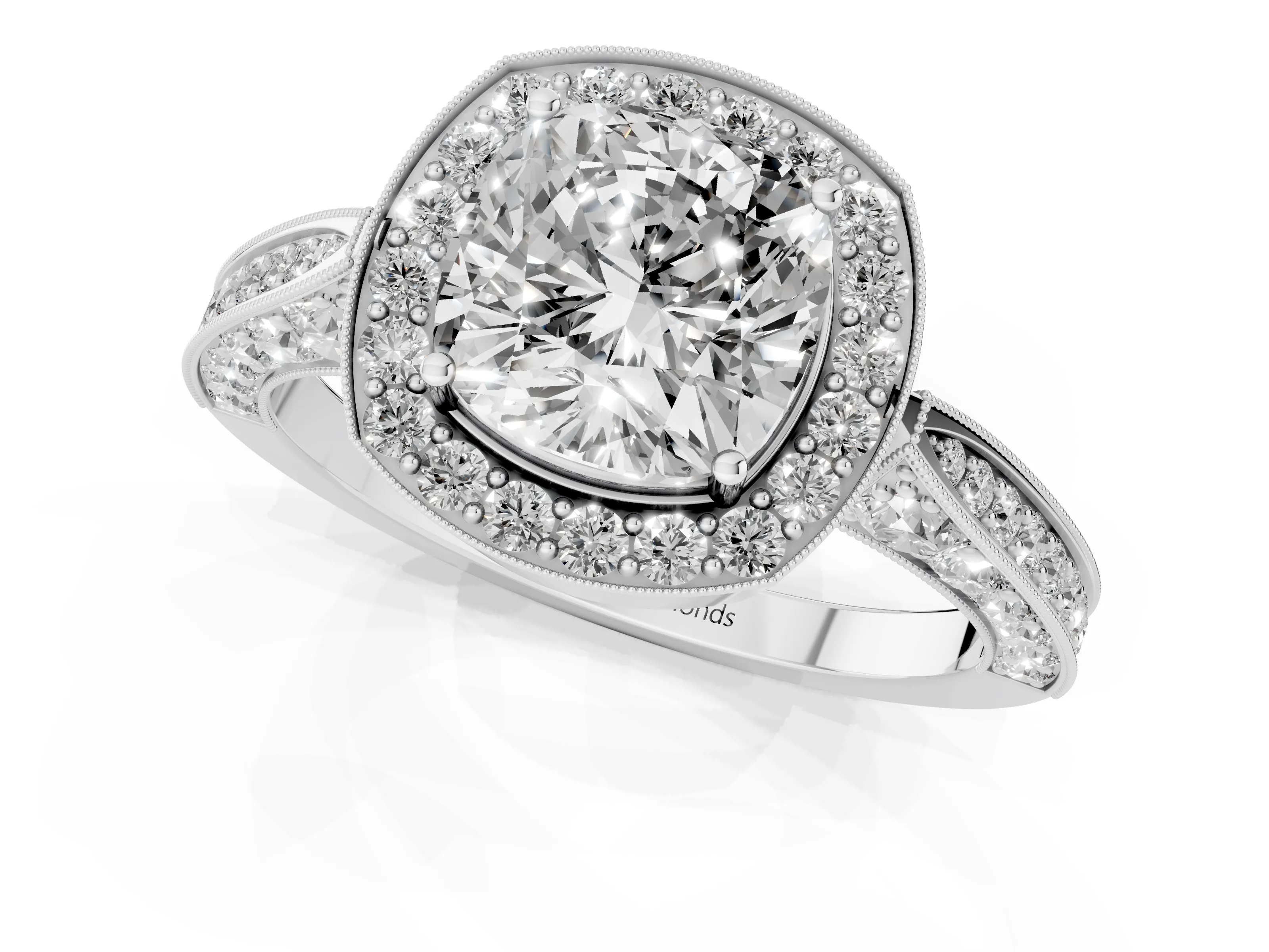 Cushion Cut Diamond Halo Engagement Ring Set in Silver with Accent Split Shank Band