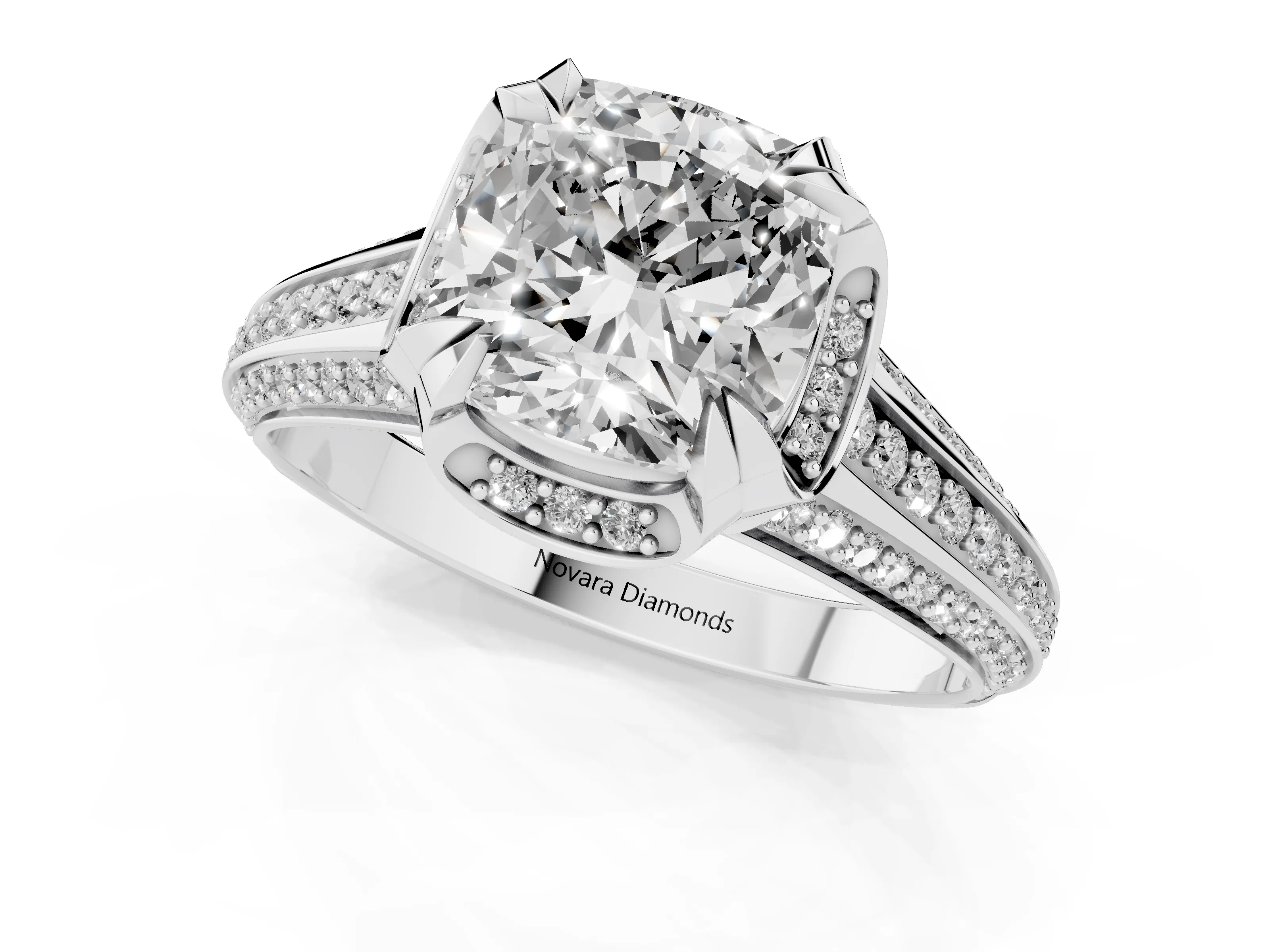 Cushion Cut Diamond Pavé Split Shank Solitaire Ring Set in Platinum with Prong Setting