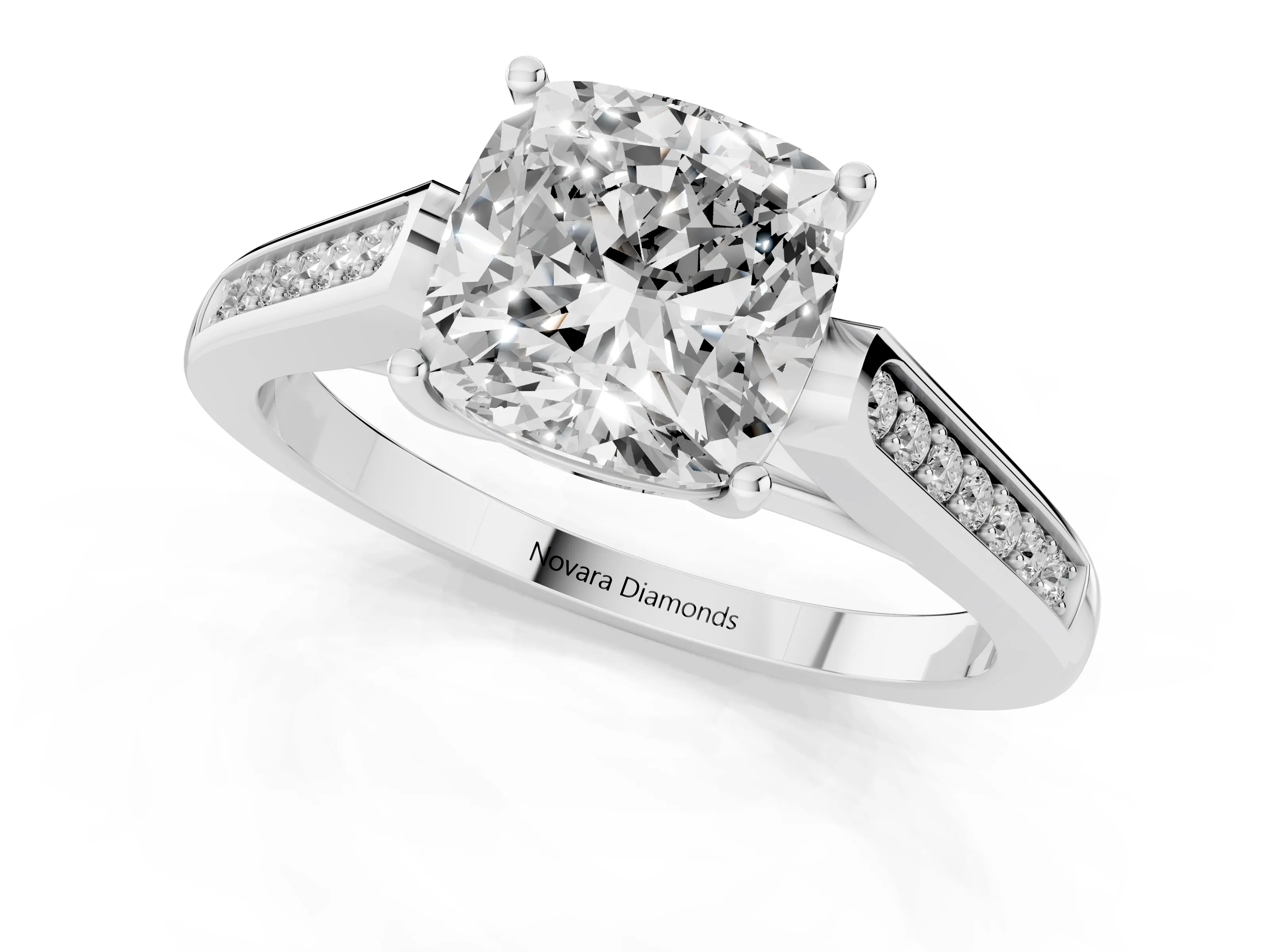 Cushion Cut Diamond Solitaire Cathedral Engagement Ring Set in White gold with Channel-Set Band and Prong Setting