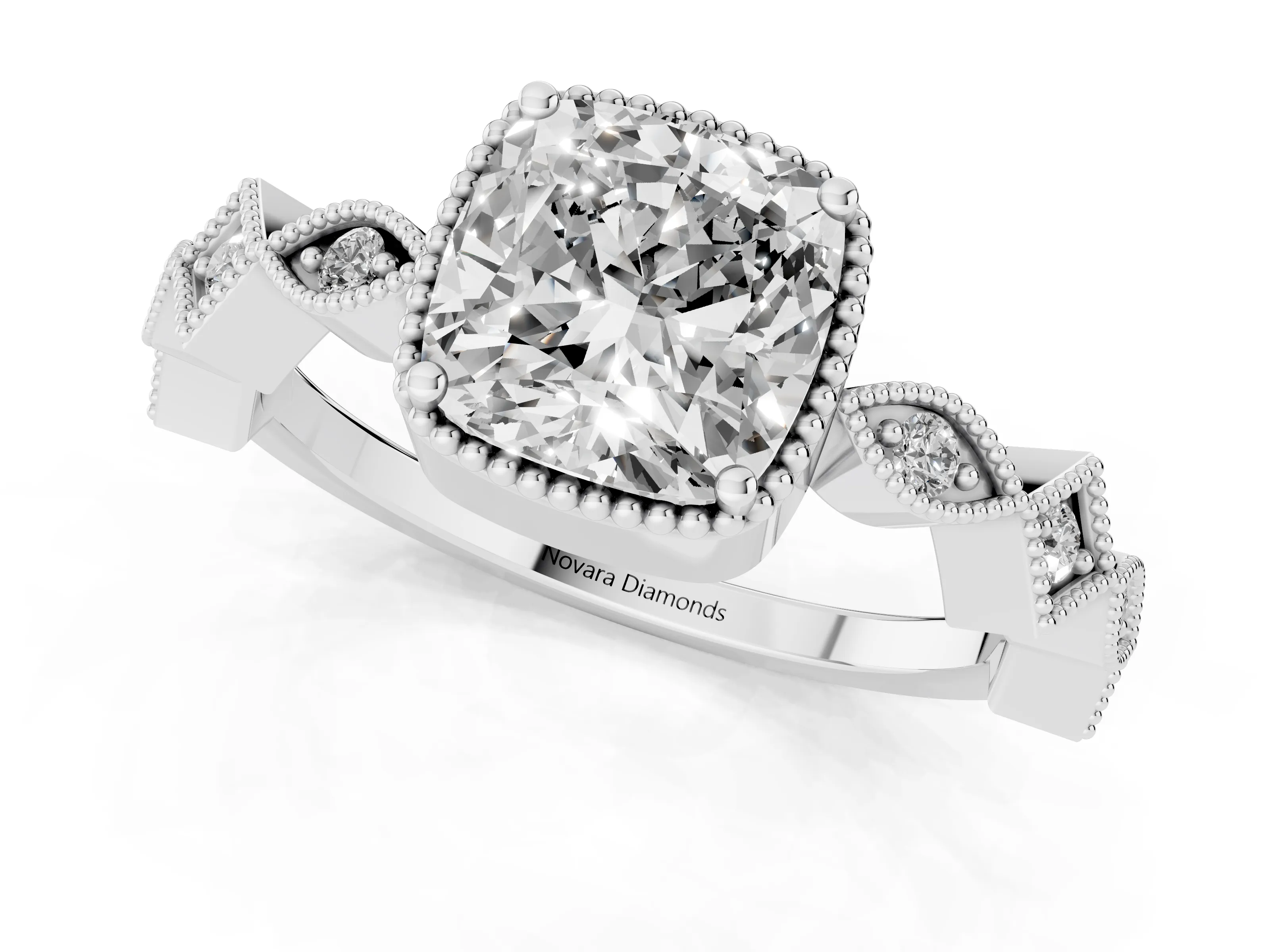 Cushion Cut Diamond Milgrain Marquise Twist Band Ring Set in Silver with Prong Setting